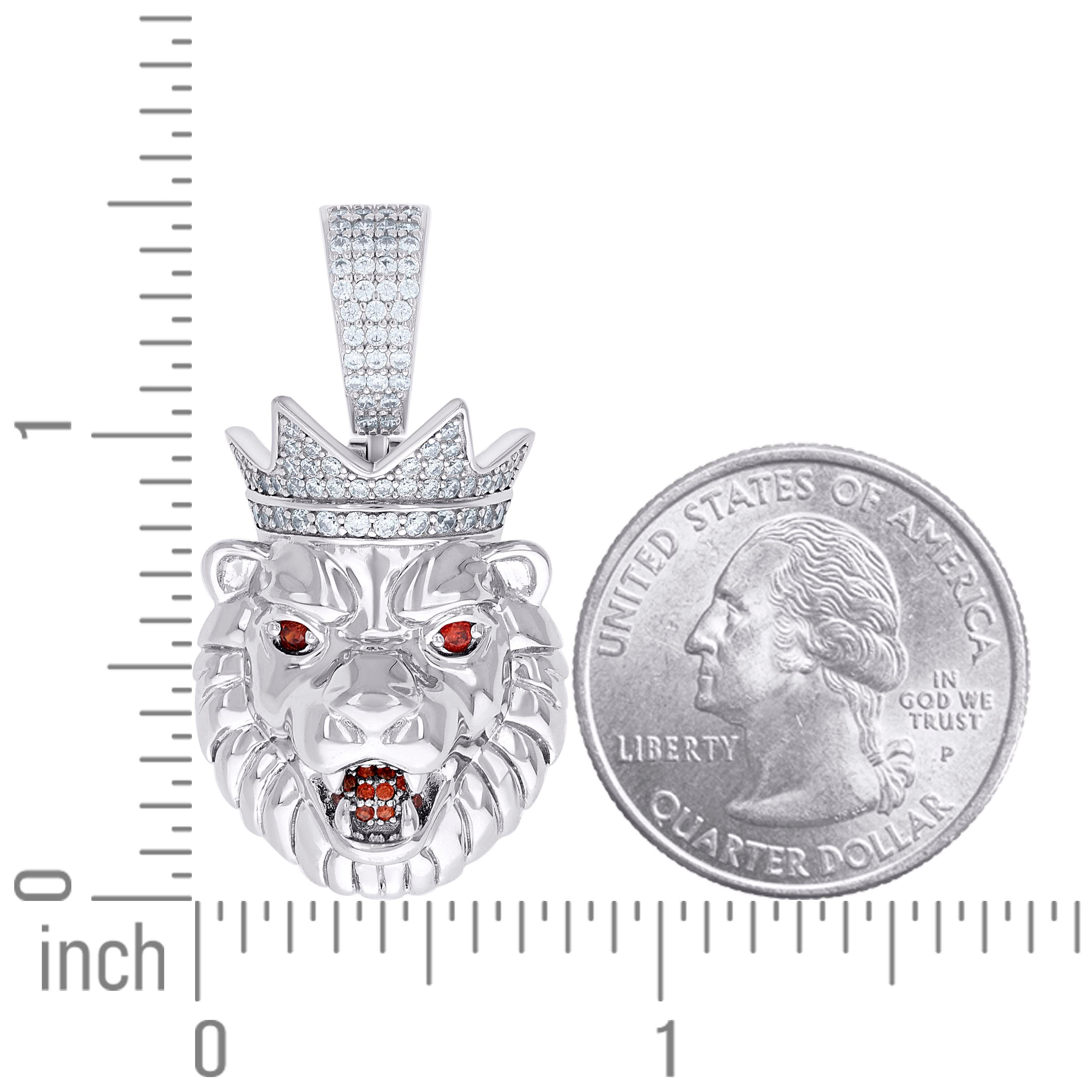 925 Sterling Silver Mens White Red Cubic-Zirconia Lion Head Animal Wildlife Pendant