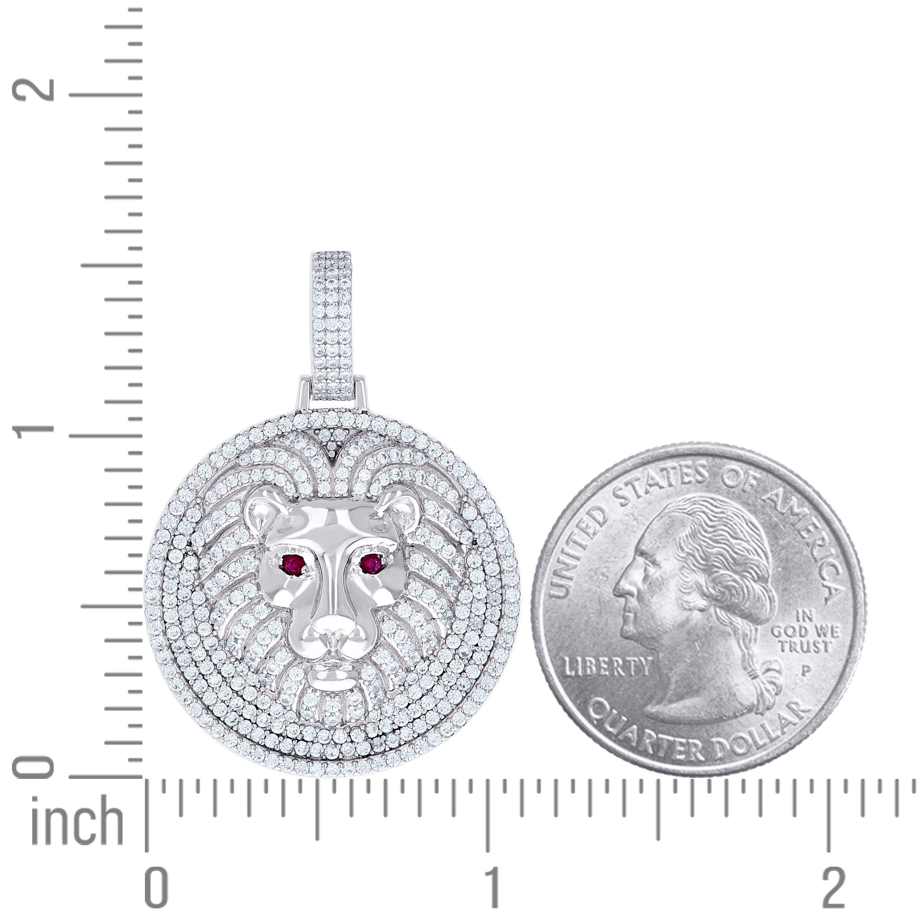 925 Sterling Silver Mens White Red Cubic-Zirconia Lion Head Animal Wildlife Pendant