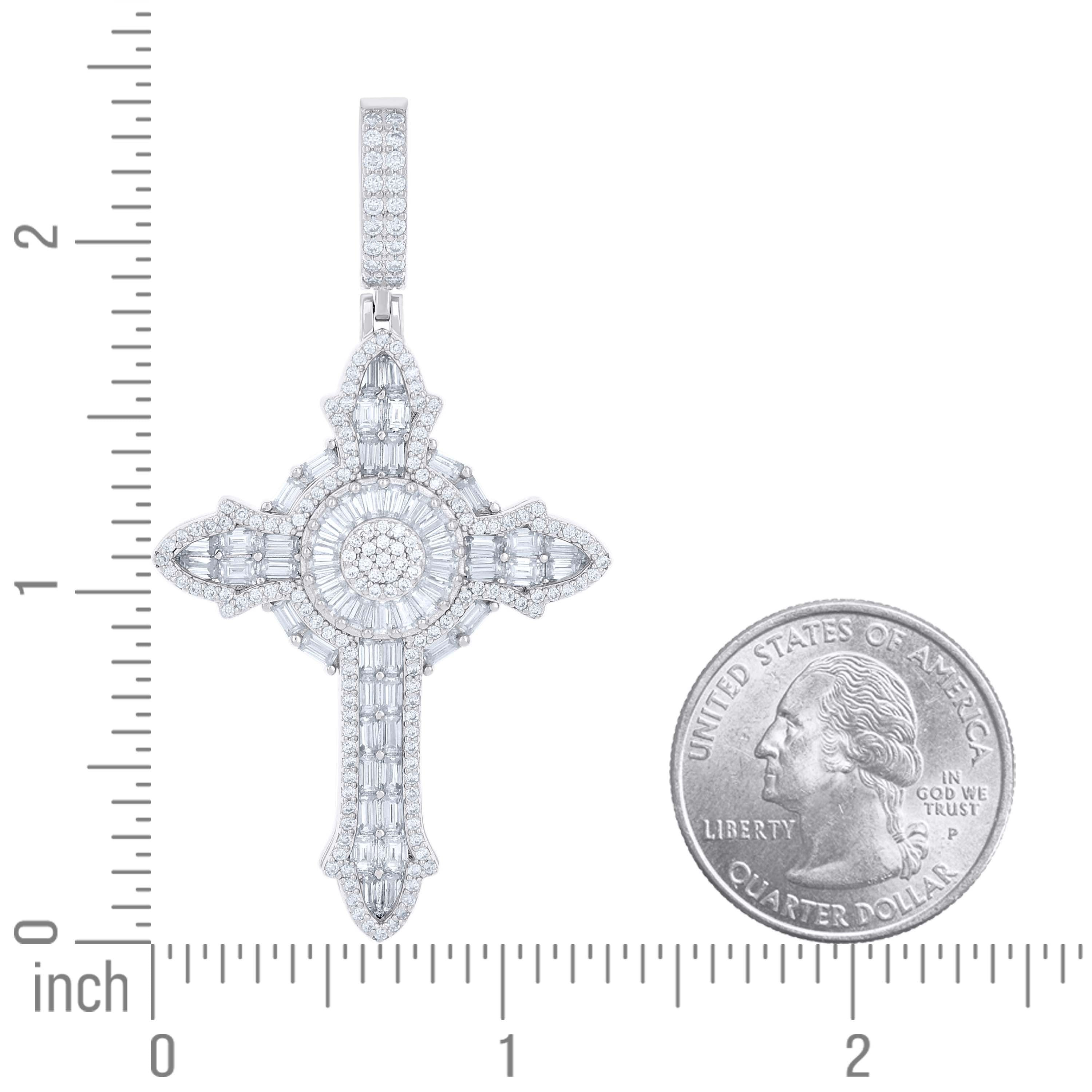 925 Sterling Silver Mens Round & Baguette Cubic-Zirconia Cross Religious Charm Pendant