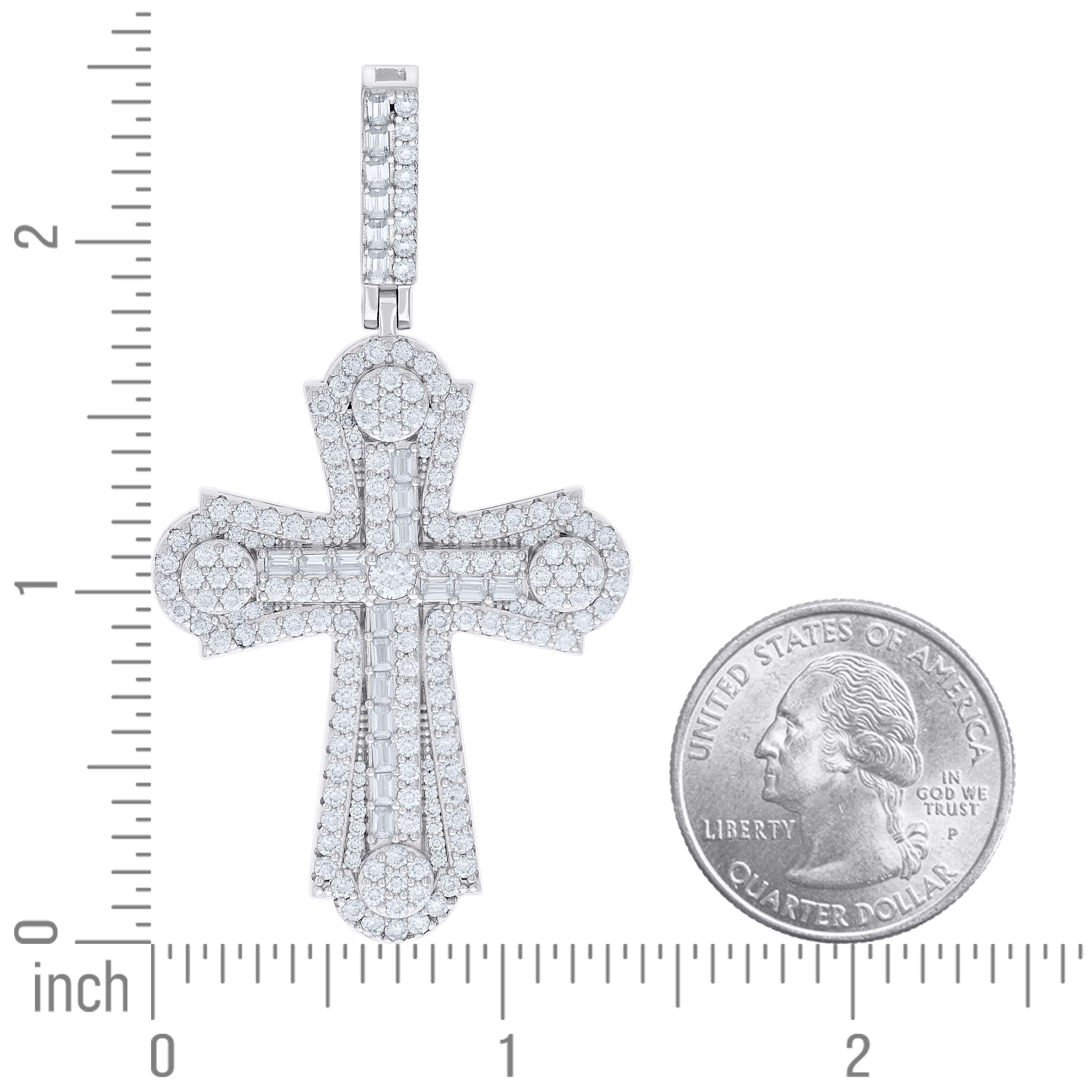 925 Sterling Silver Mens Round & Baguette Cubic-Zirconia Cross Religious Charm Pendant