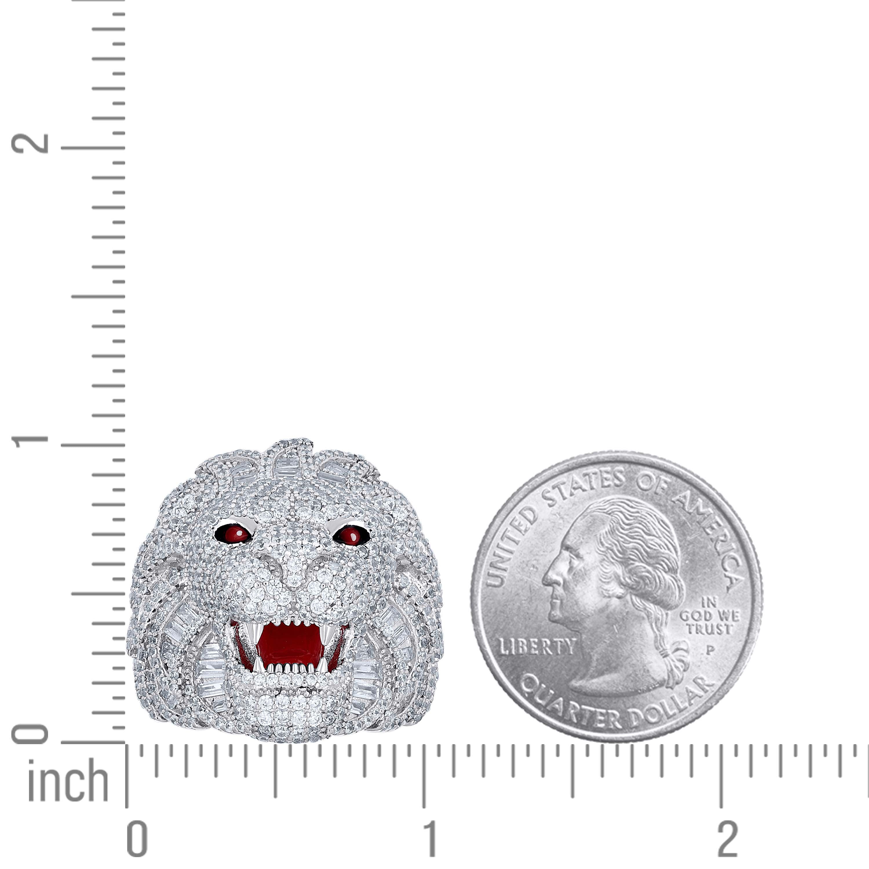 925 Sterling Silver Mens Baguette Round Cubic-Zirconia Lion Head Enameled Wildlife Ring