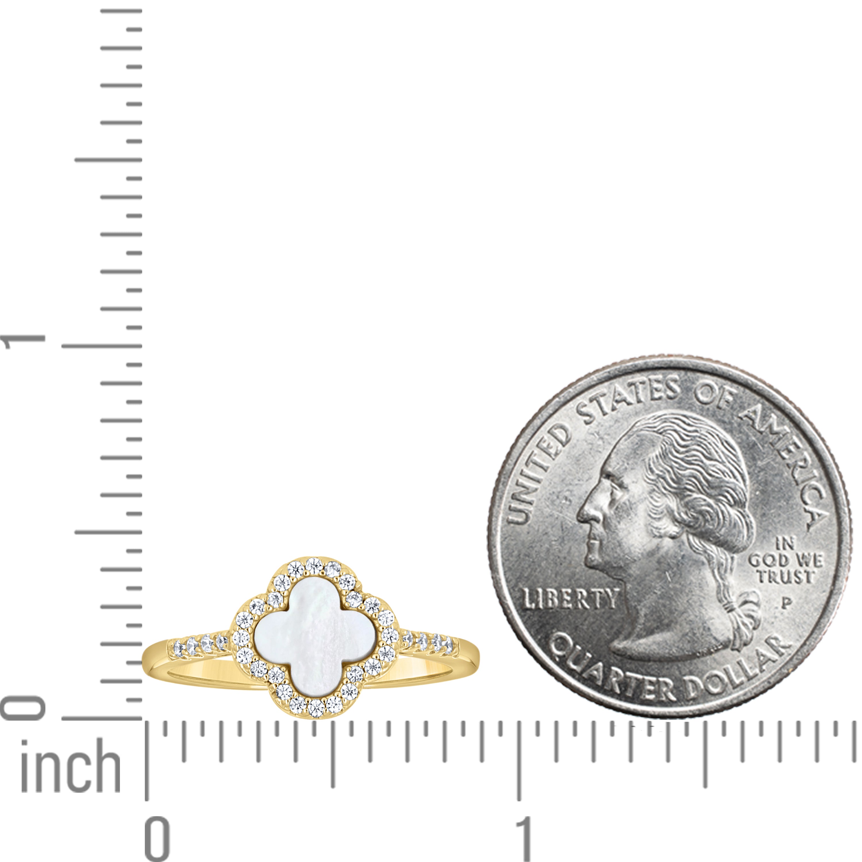 925 Sterling Silver Yellow-Tone Womens Cubic-Zirconia White Enameled Clover Good Luck Ring