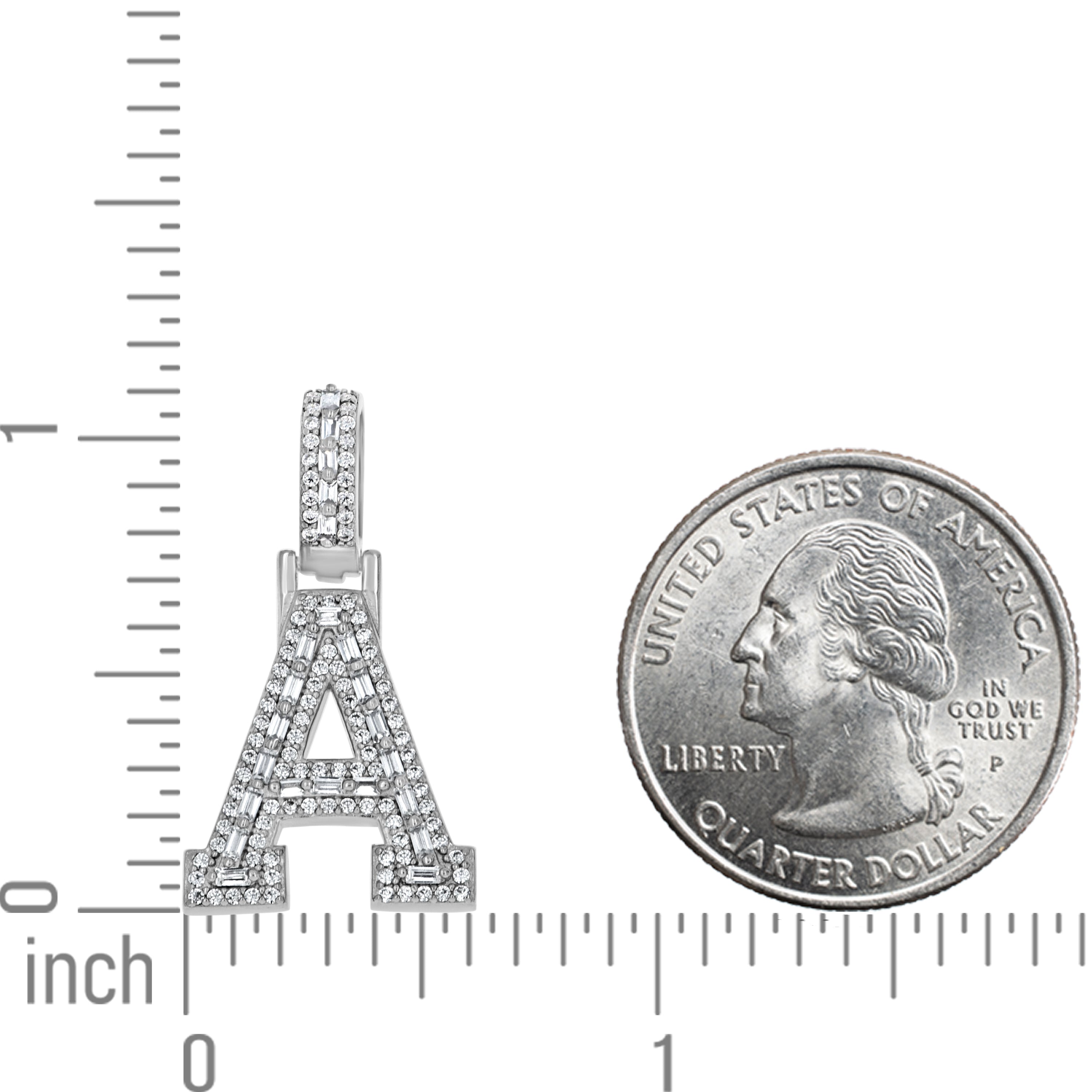 925 Sterling Silver Unisex Round Baguette Cubic Zirconia Initial Letter A Charm Pendant