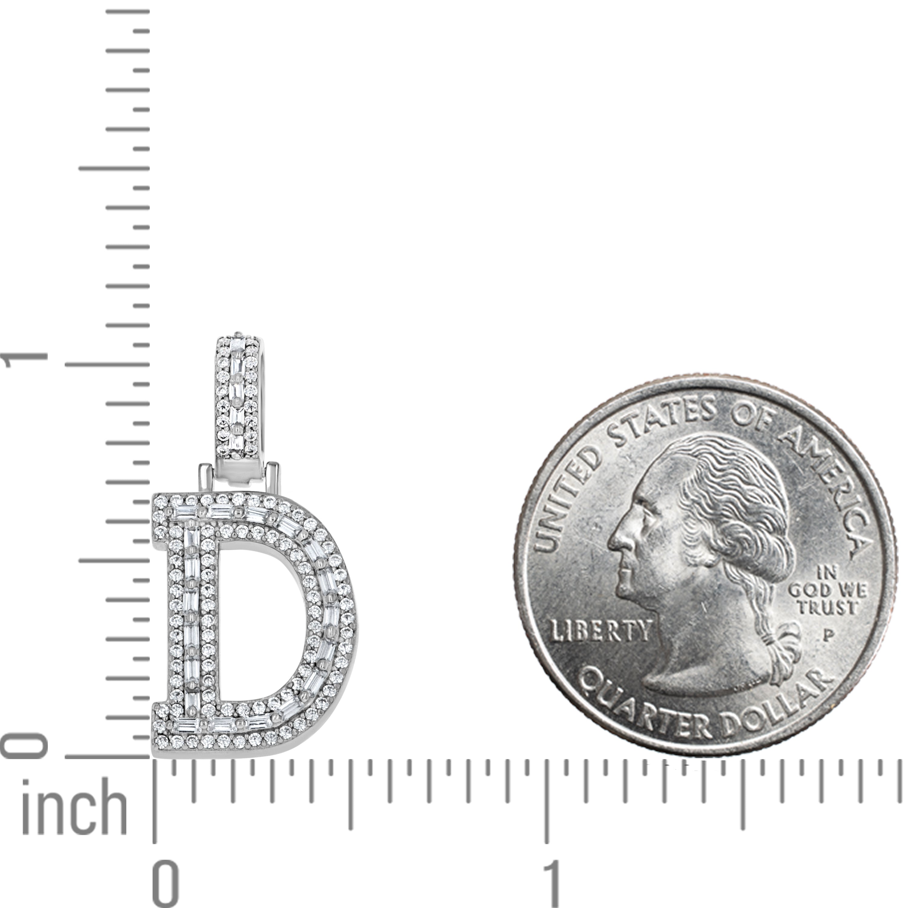 925 Sterling Silver Unisex Round Baguette Cubic Zirconia Initial Letter D Charm Pendant
