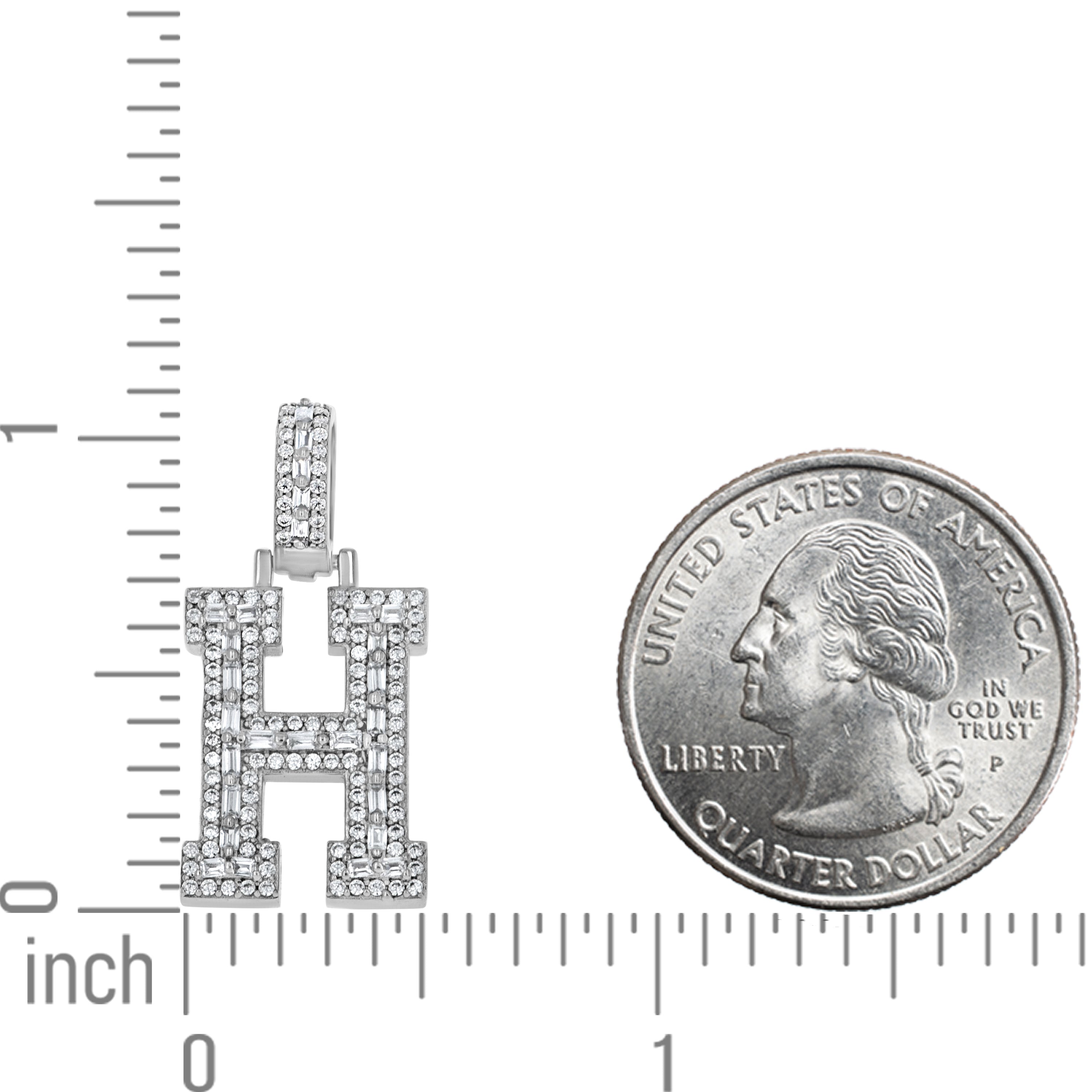 925 Sterling Silver Unisex Round Baguette Cubic Zirconia Initial Letter H Charm Pendant