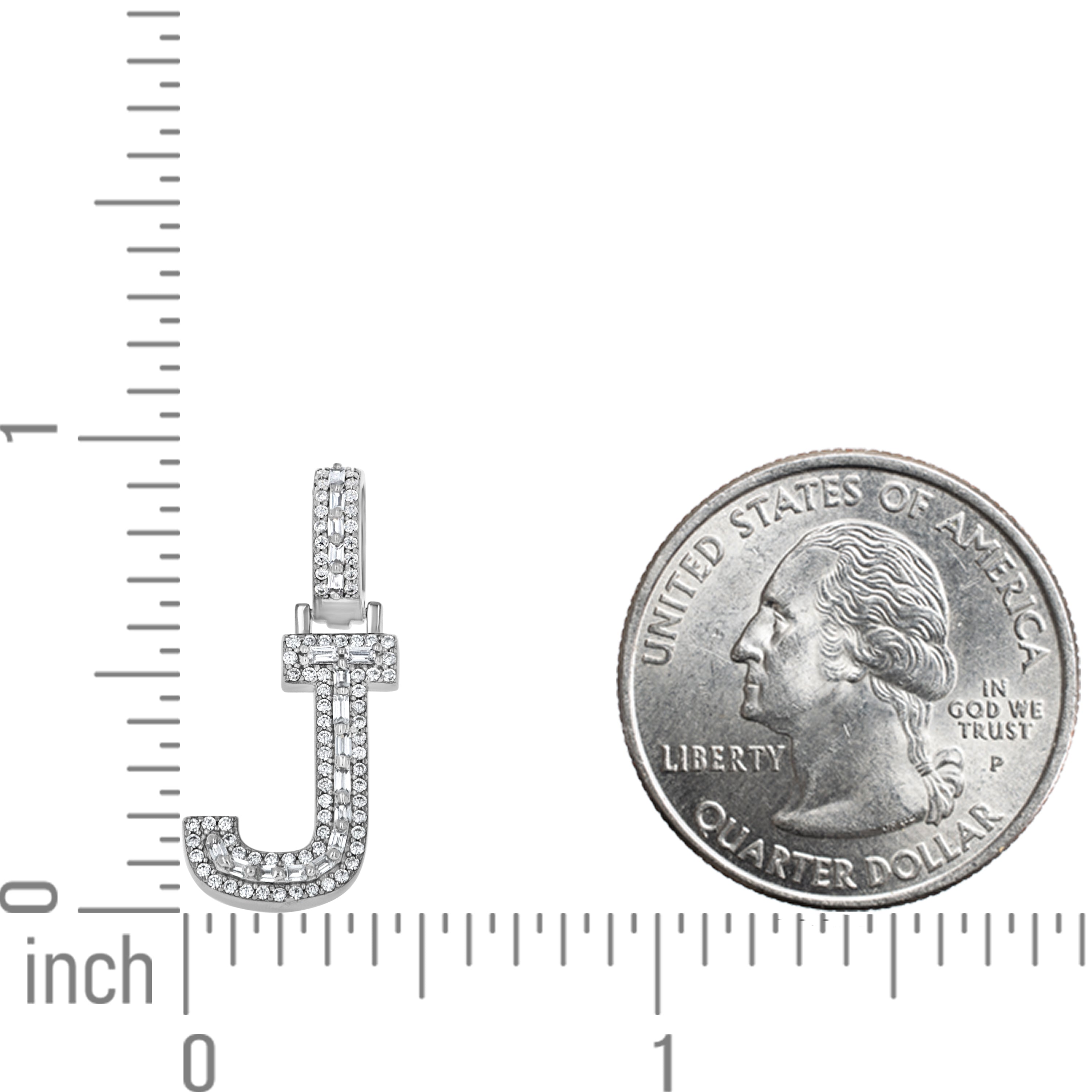 925 Sterling Silver Unisex Round Baguette Cubic Zirconia Initial Letter J Charm Pendant