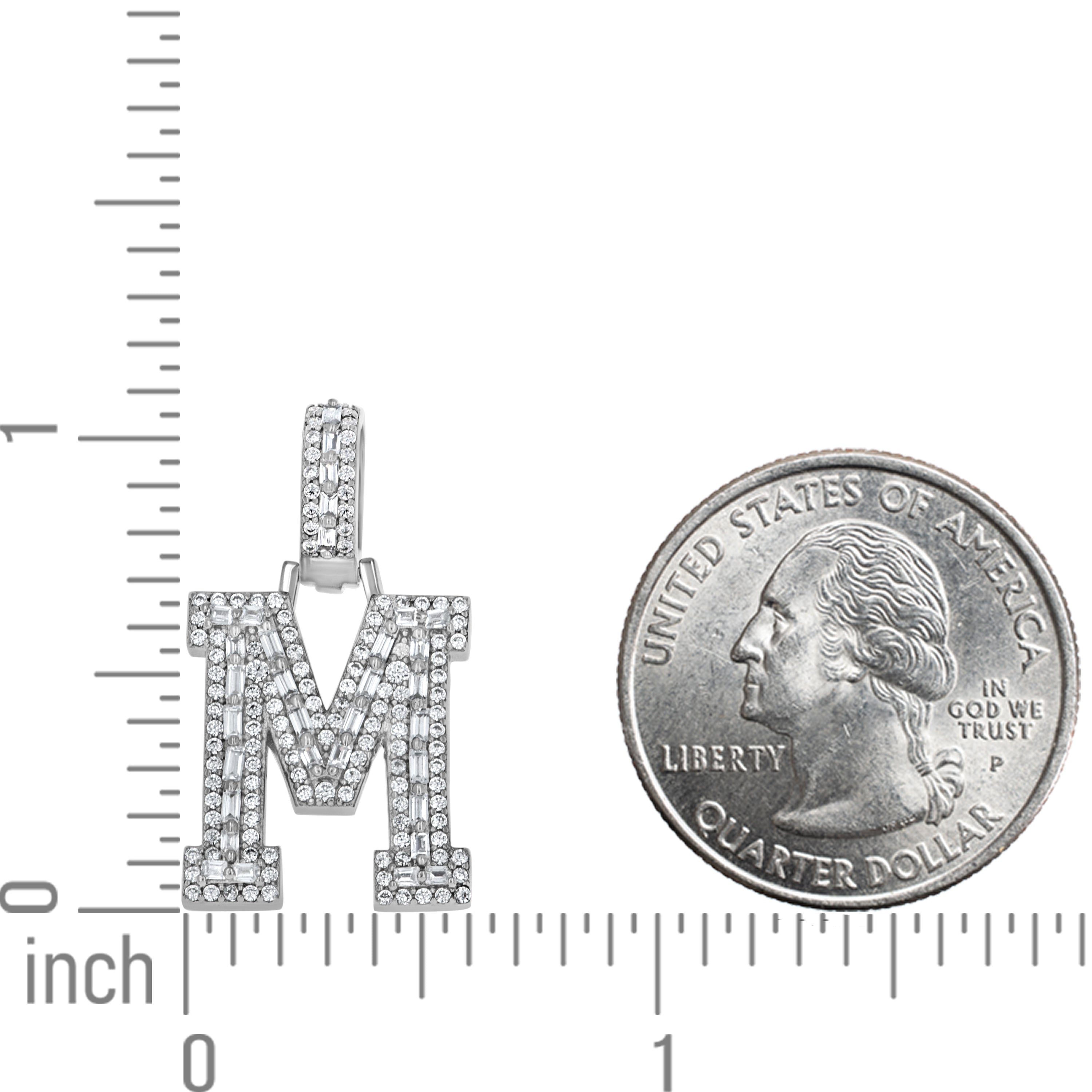 925 Sterling Silver Unisex Round Baguette Cubic Zirconia Initial Letter M Charm Pendant