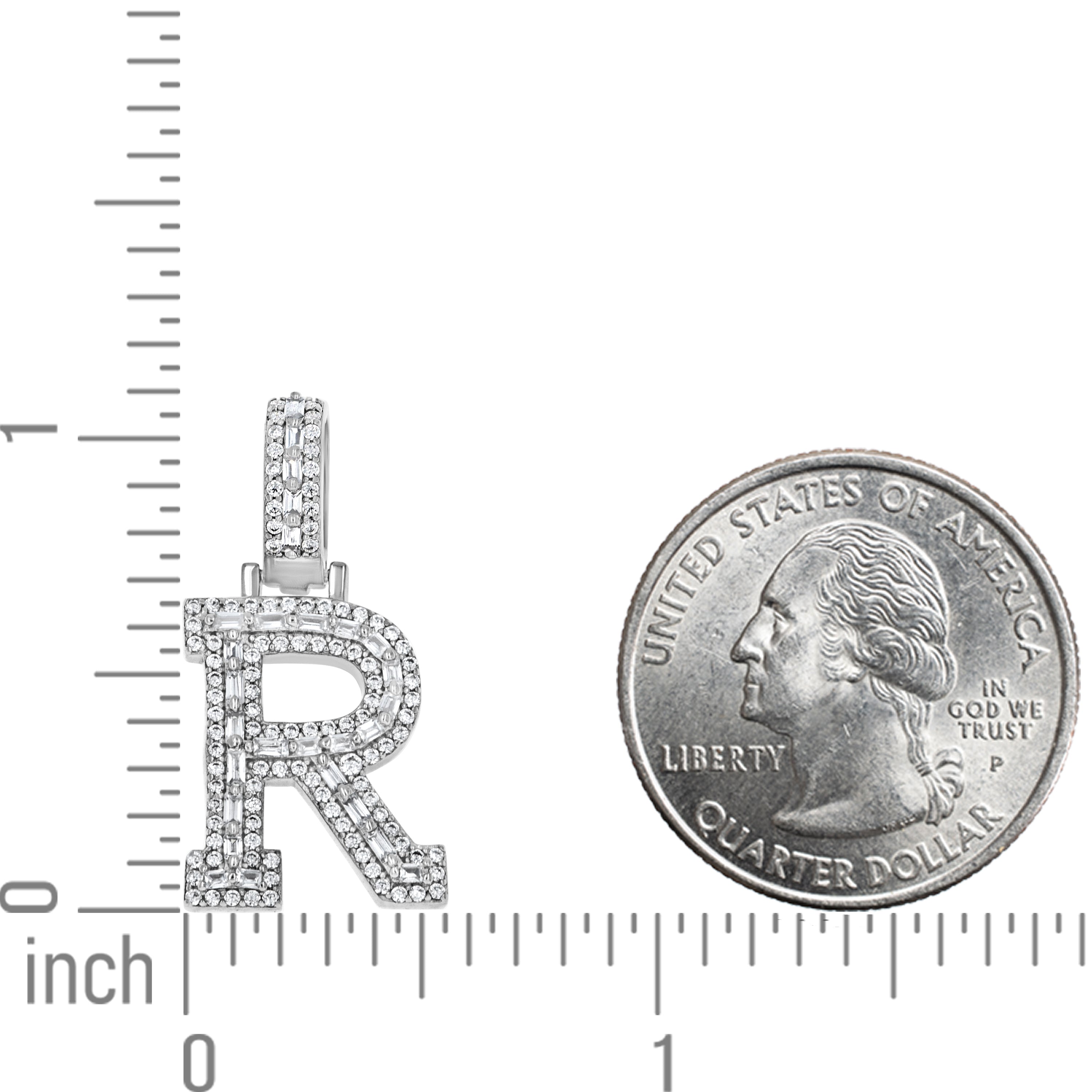 925 Sterling Silver Unisex Round Baguette Cubic Zirconia Initial Letter R Charm Pendant