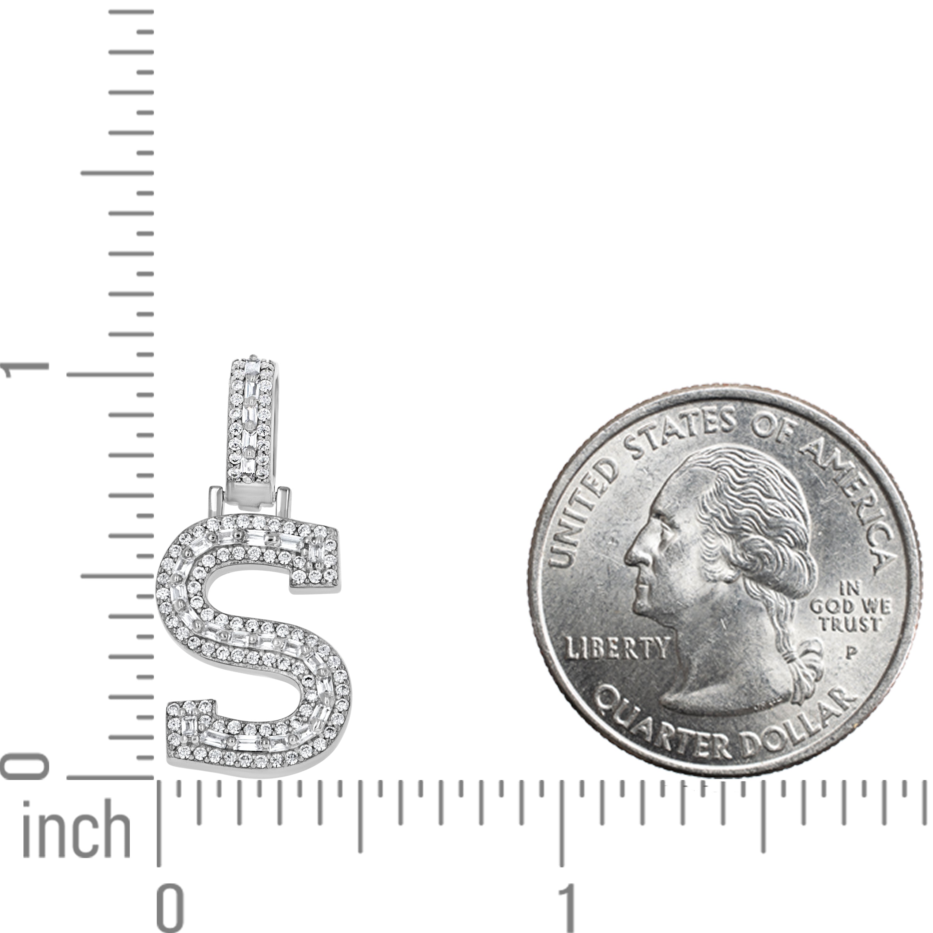 925 Sterling Silver Unisex Round Baguette Cubic Zirconia Initial Letter S Charm Pendant