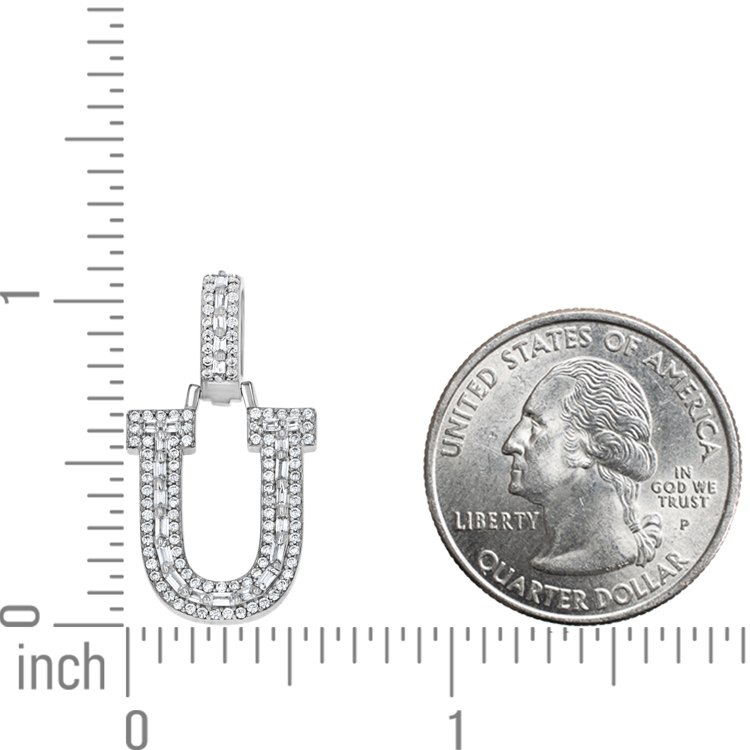 925 Sterling Silver Unisex Round Baguette Cubic Zirconia Initial Letter U Charm Pendant