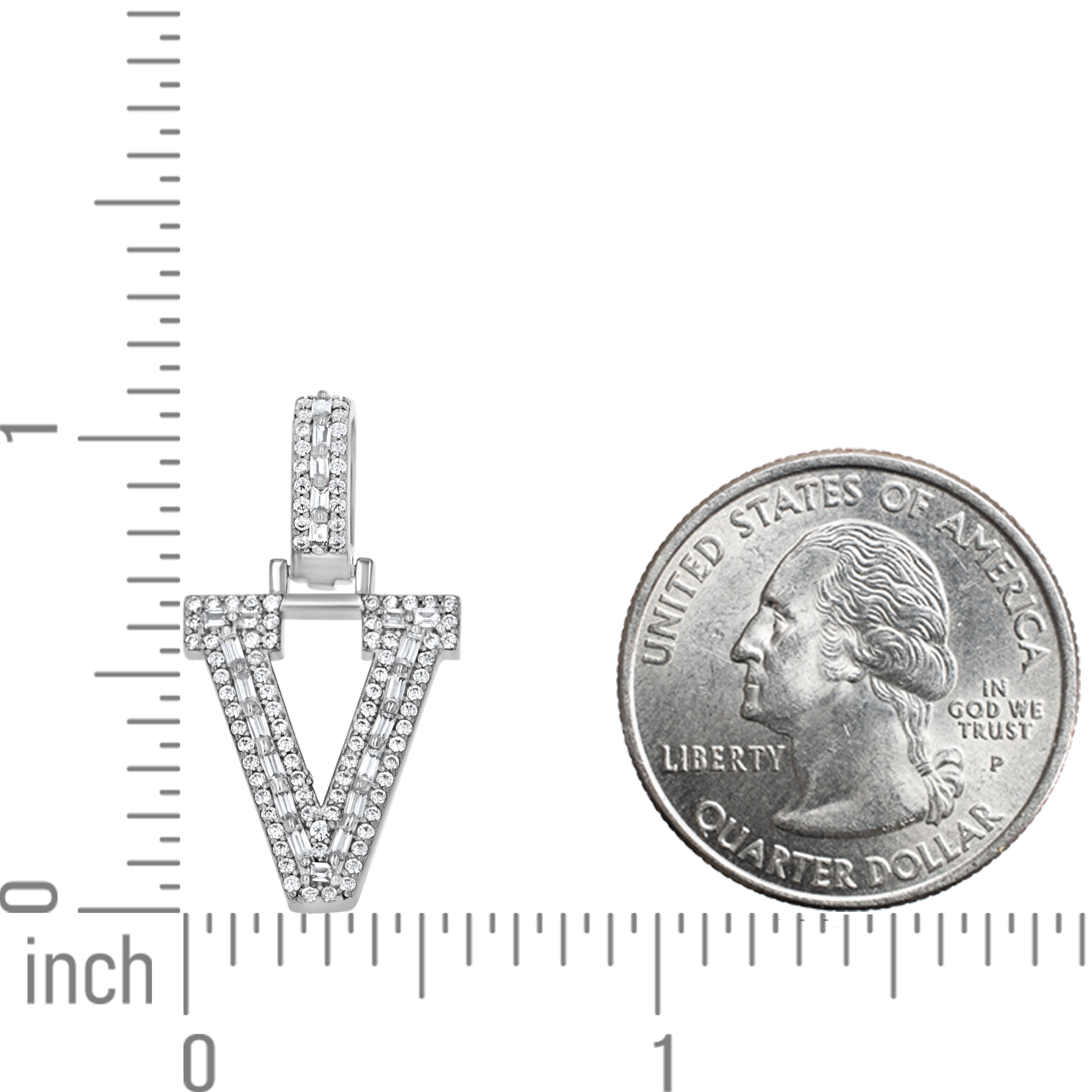 925 Sterling Silver Unisex Round Baguette Cubic Zirconia Initial Letter V Charm Pendant