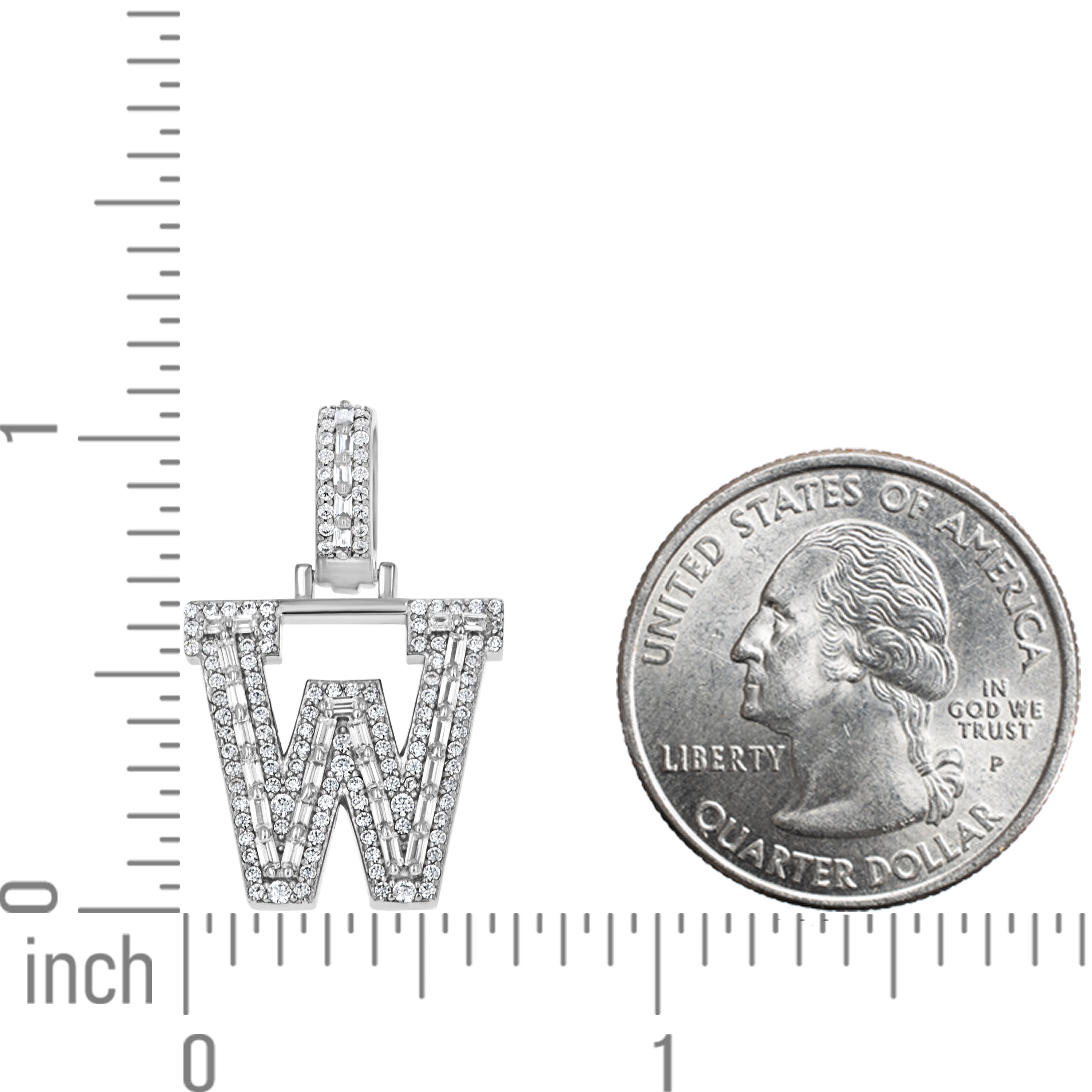 925 Sterling Silver Unisex Round Baguette Cubic Zirconia Initial Letter W Charm Pendant