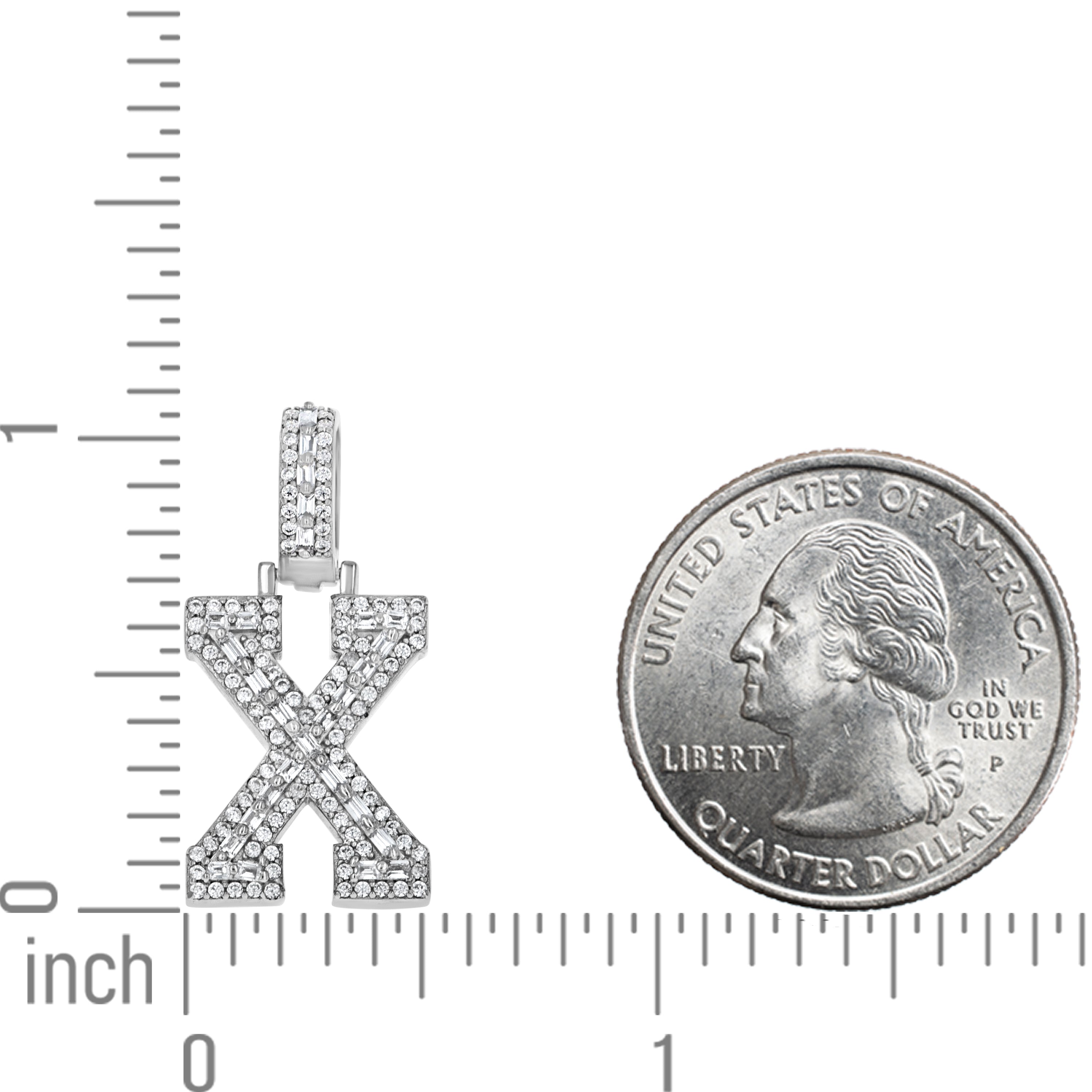 925 Sterling Silver Unisex Round Baguette Cubic Zirconia Initial Letter X Charm Pendant