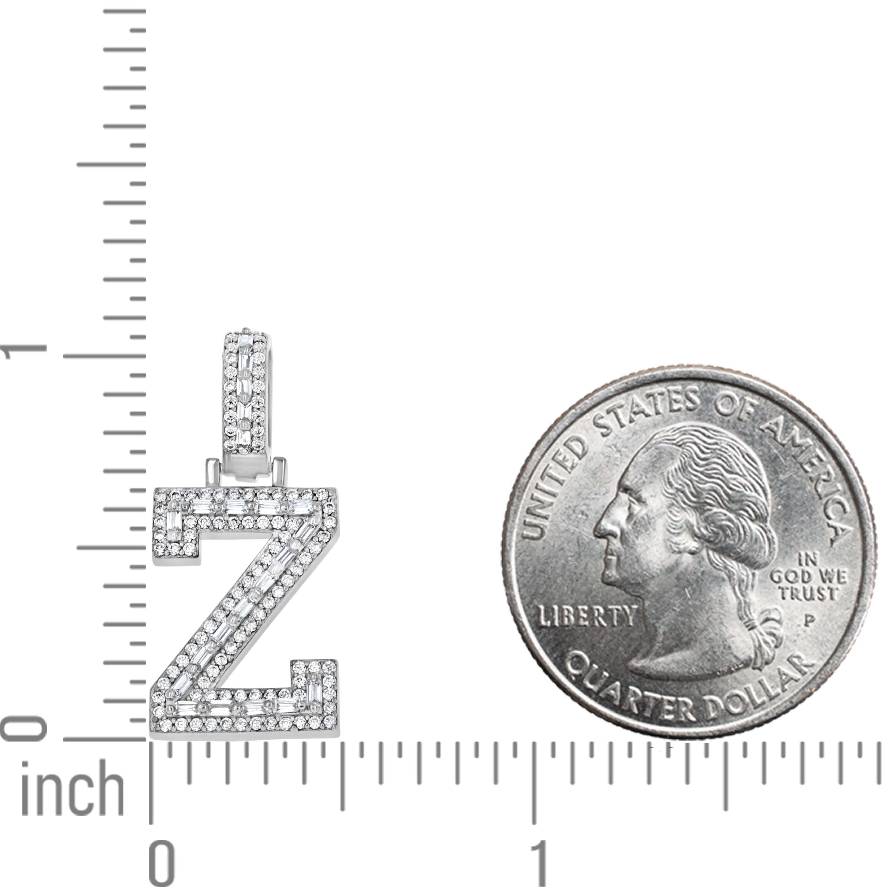 925 Sterling Silver Unisex Round Baguette Cubic Zirconia Initial Letter Z Charm Pendant