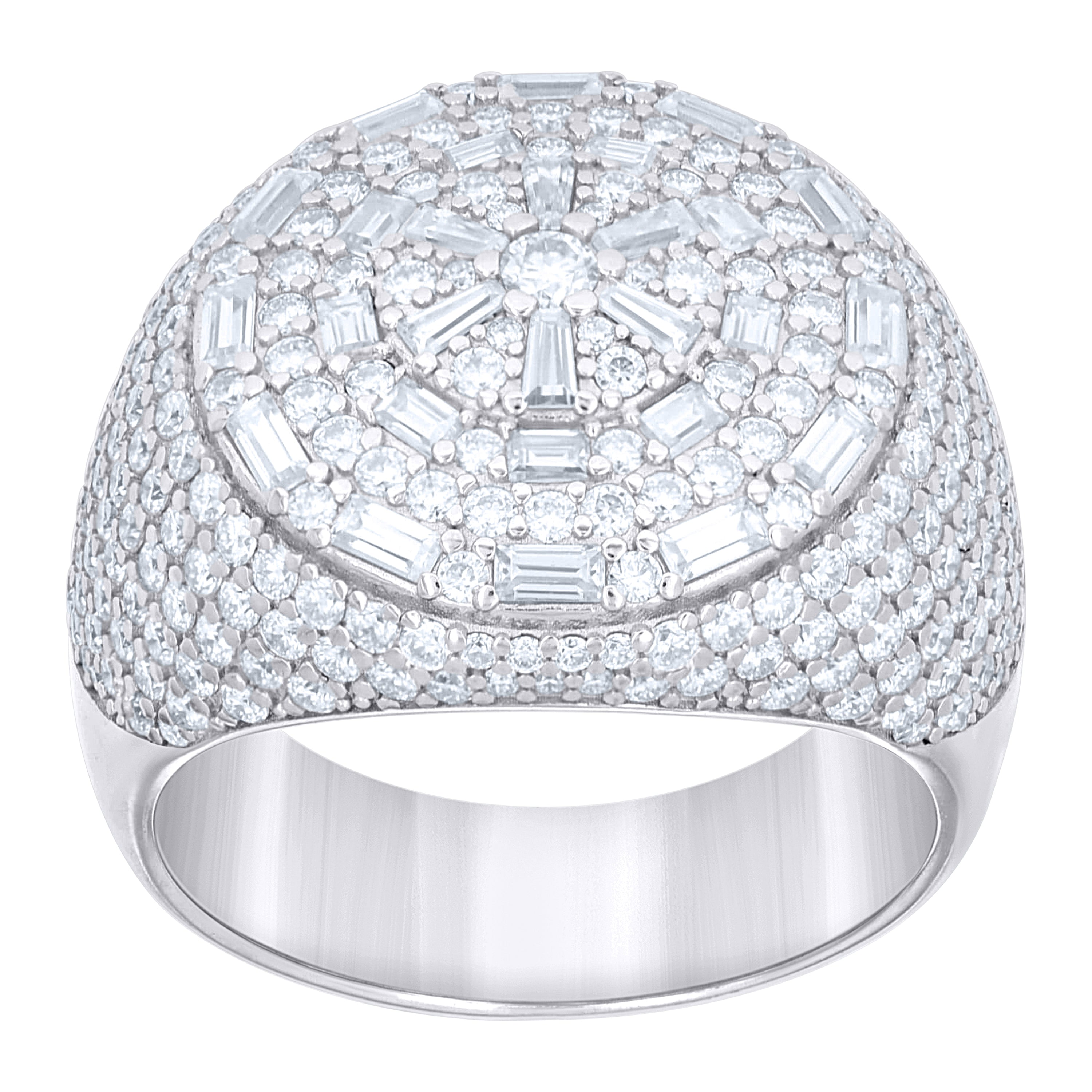 925 Sterling Silver Mens Baguette Round Cubic-Zirconia Round Head Cluster Fashion Ring