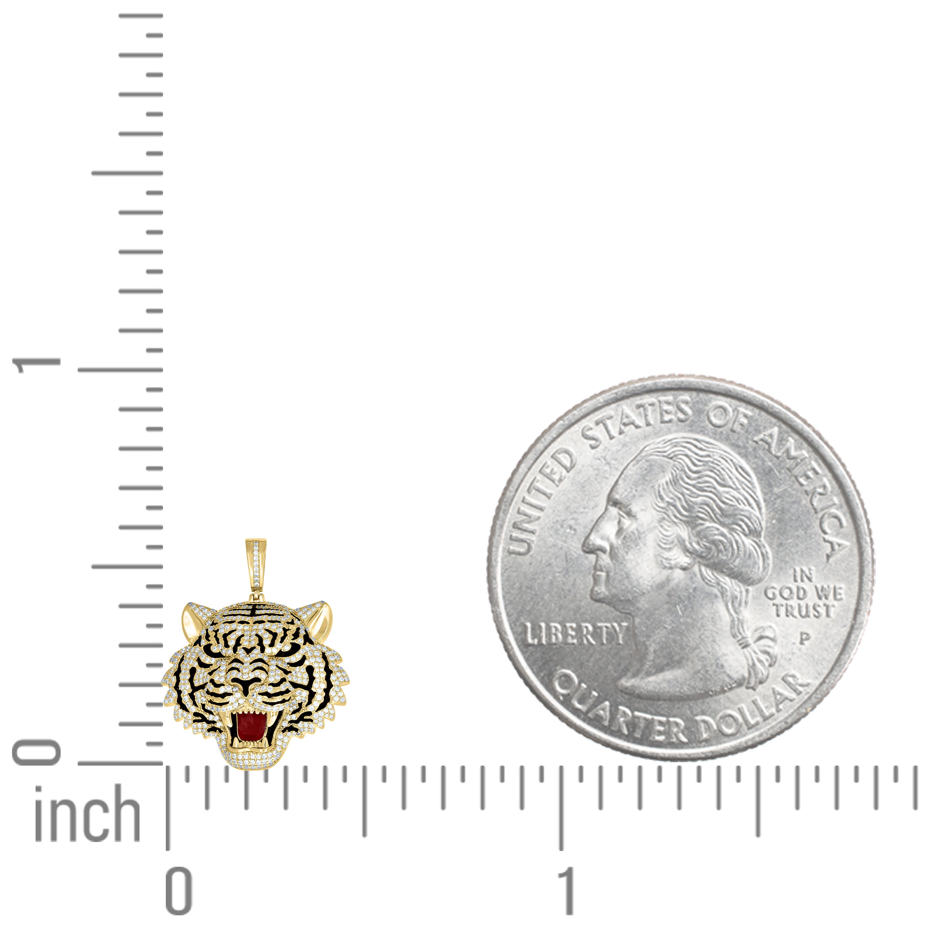 925 Sterling Silver Yellow-tone Mens Cubic-Zirconia Black Red Enameled Tiger Head Animal Pendant