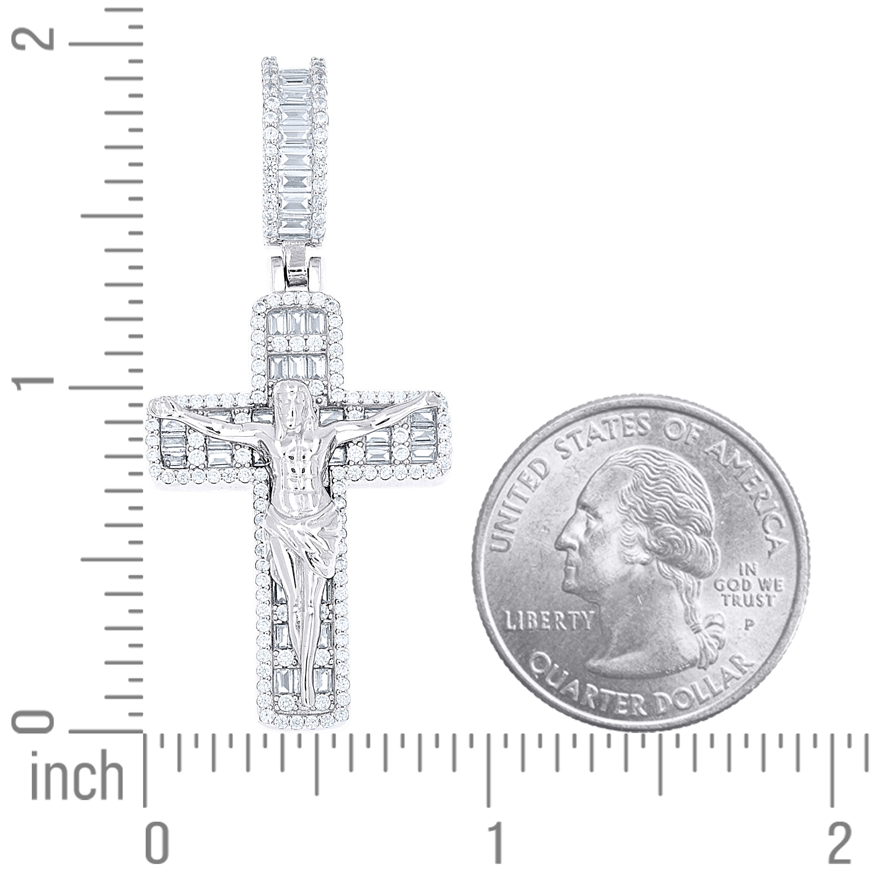 925 Sterling Silver Mens Baguette Round Cubic-Zirconia Crucifix Cross Religious Charm Pendant