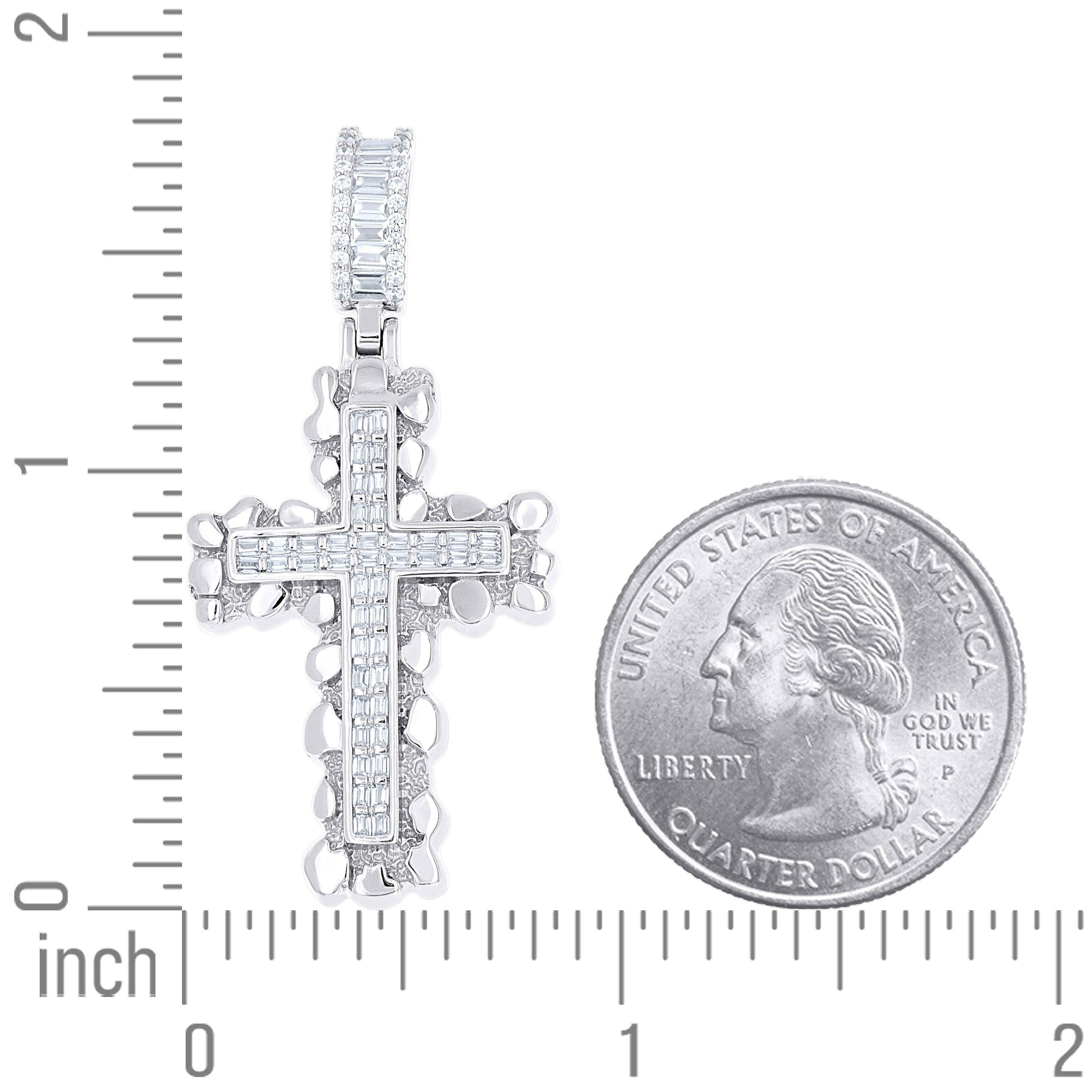 925 Sterling Silver Mens Baguette Round Cubic-Zirconia Nugget Cross Religious Charm Pendant