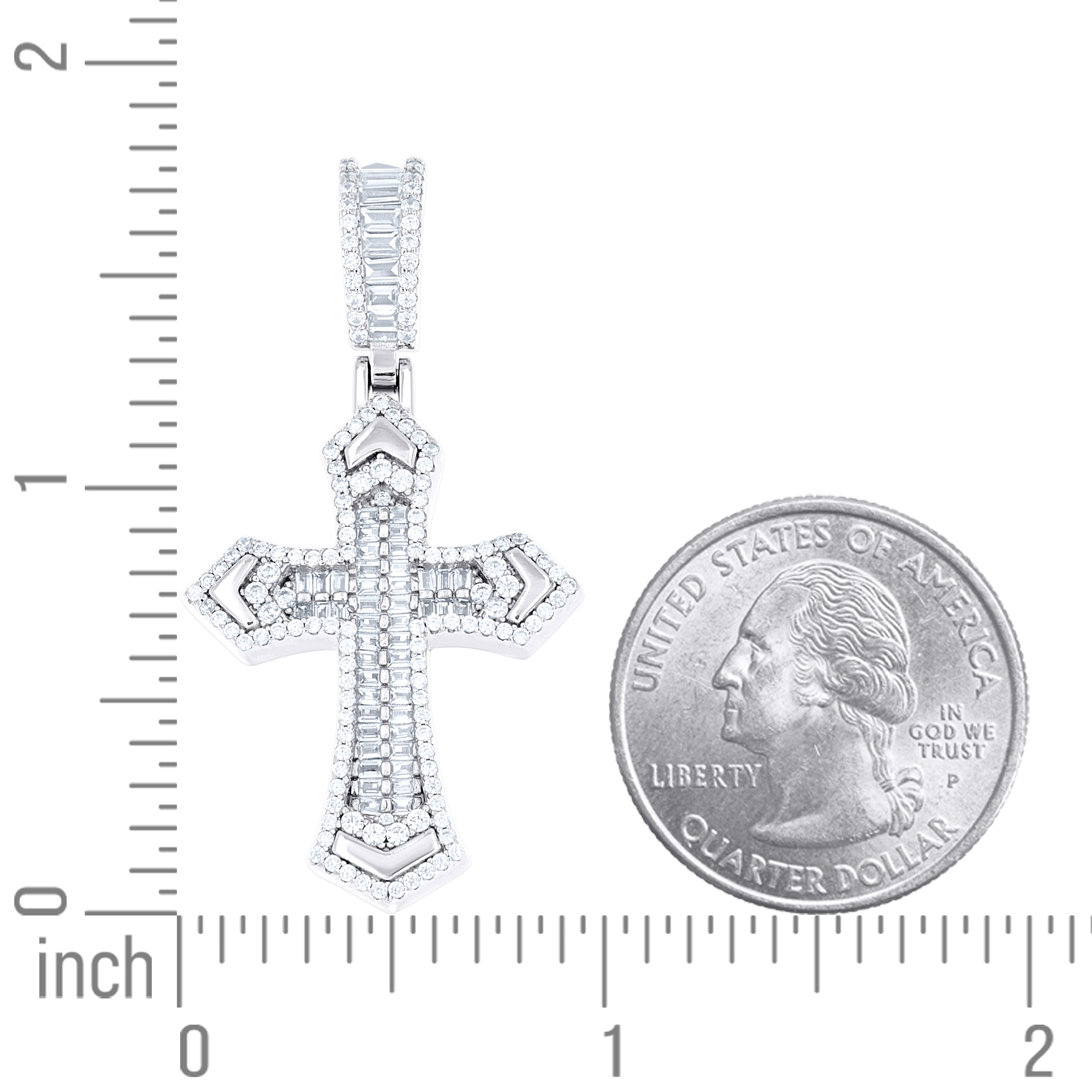 925 Sterling Silver Mens Baguette Round Cubic-Zirconia Cross Religious Charm Pendant