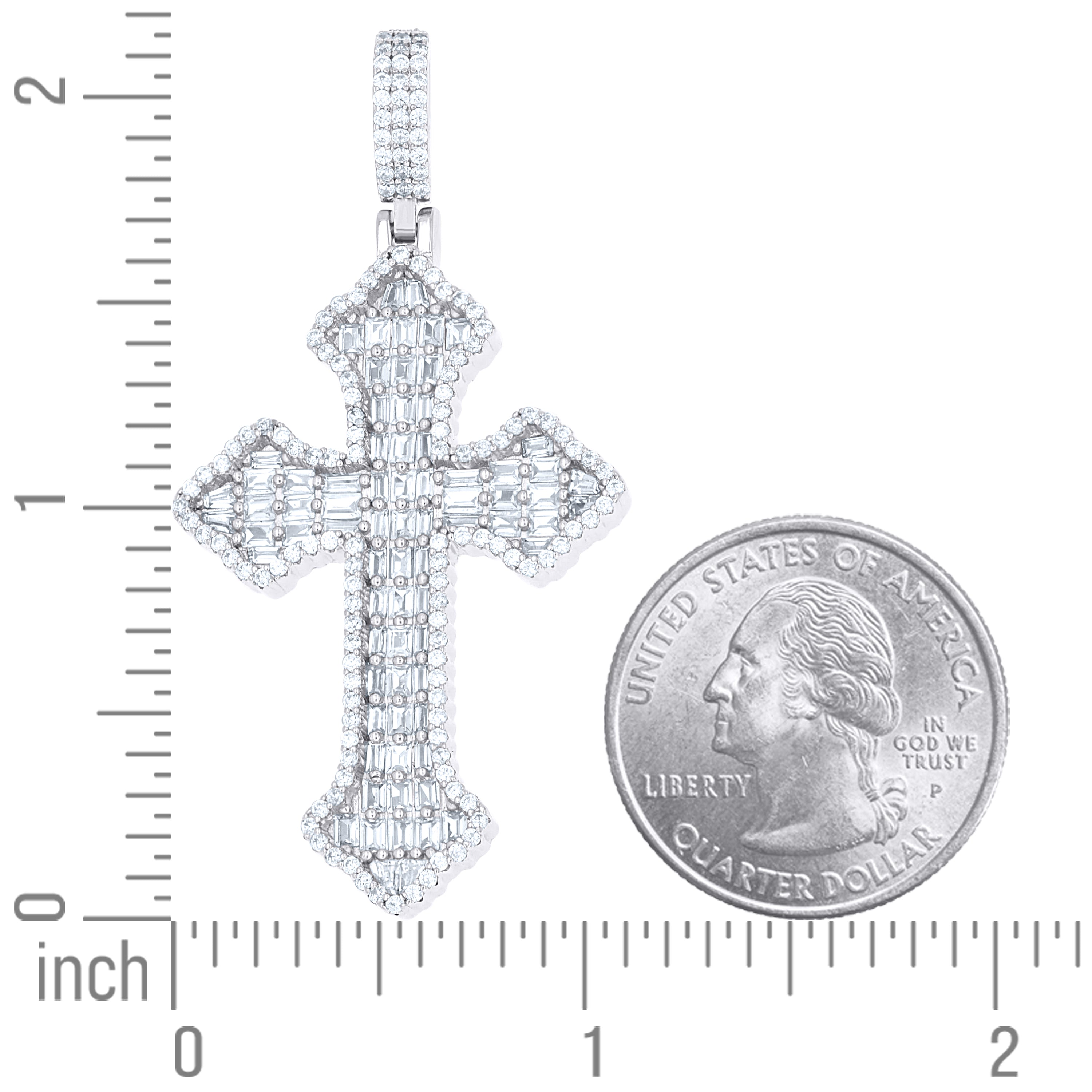 925 Sterling Silver Mens Baguette Round Cubic-Zirconia Cross Religious Charm Pendant