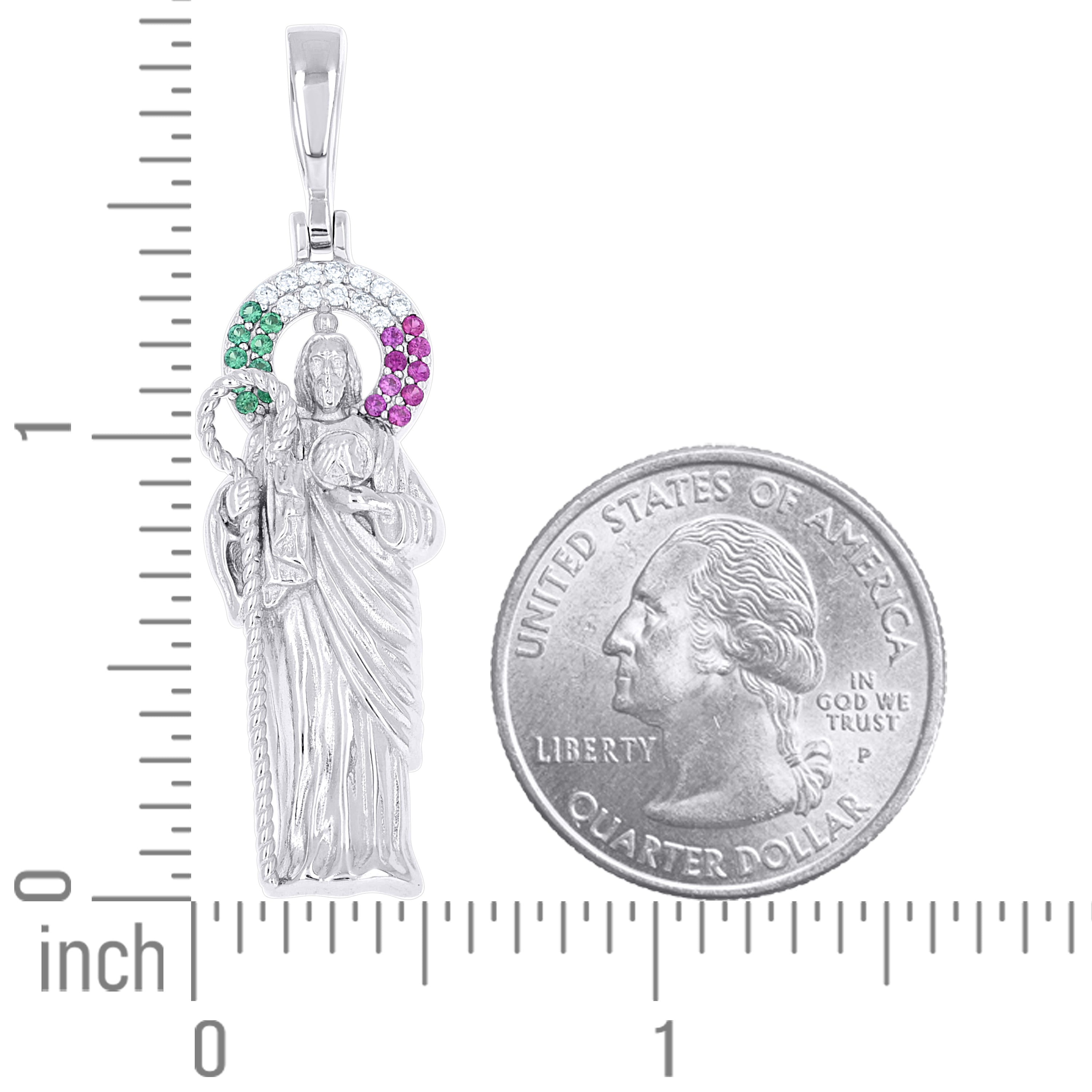 925 Sterling Silver Mens Green/Purple White Cubic-Zirconia St. Jude Religious Charm Pendant