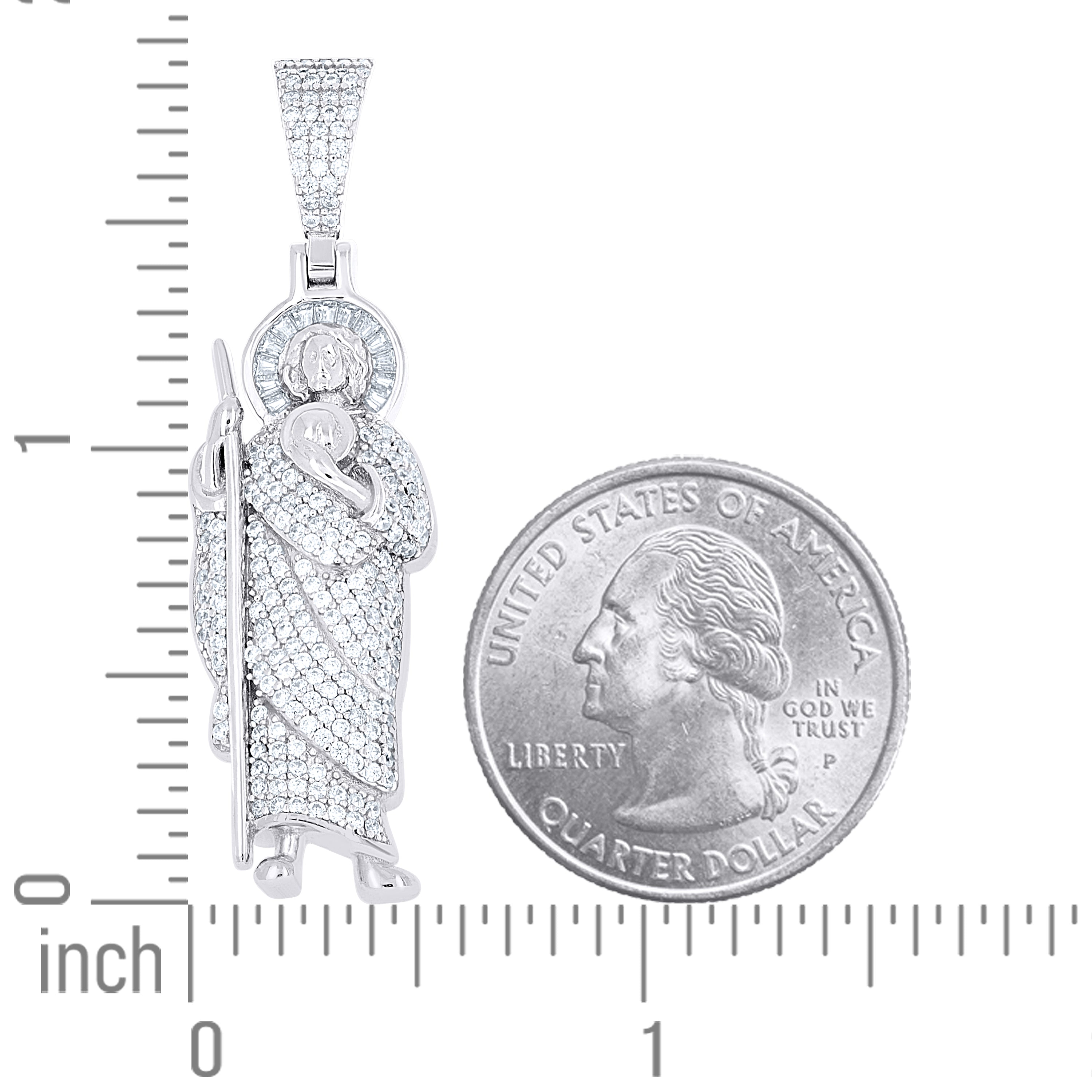 925 Sterling Silver Mens Baguette Round Cubic-Zirconia St. Jude Religious Charm Pendant
