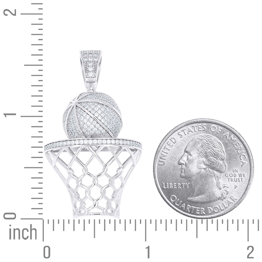 925 Sterling Silver Mens Cubic-Zirconia Basket Ball Sports Charm Pendant