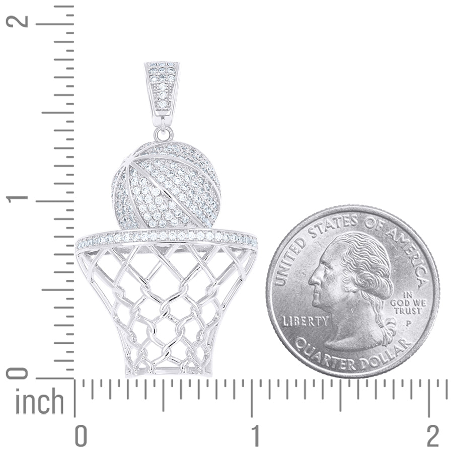 925 Sterling Silver Mens Cubic-Zirconia Basket Ball Sports Charm Pendant