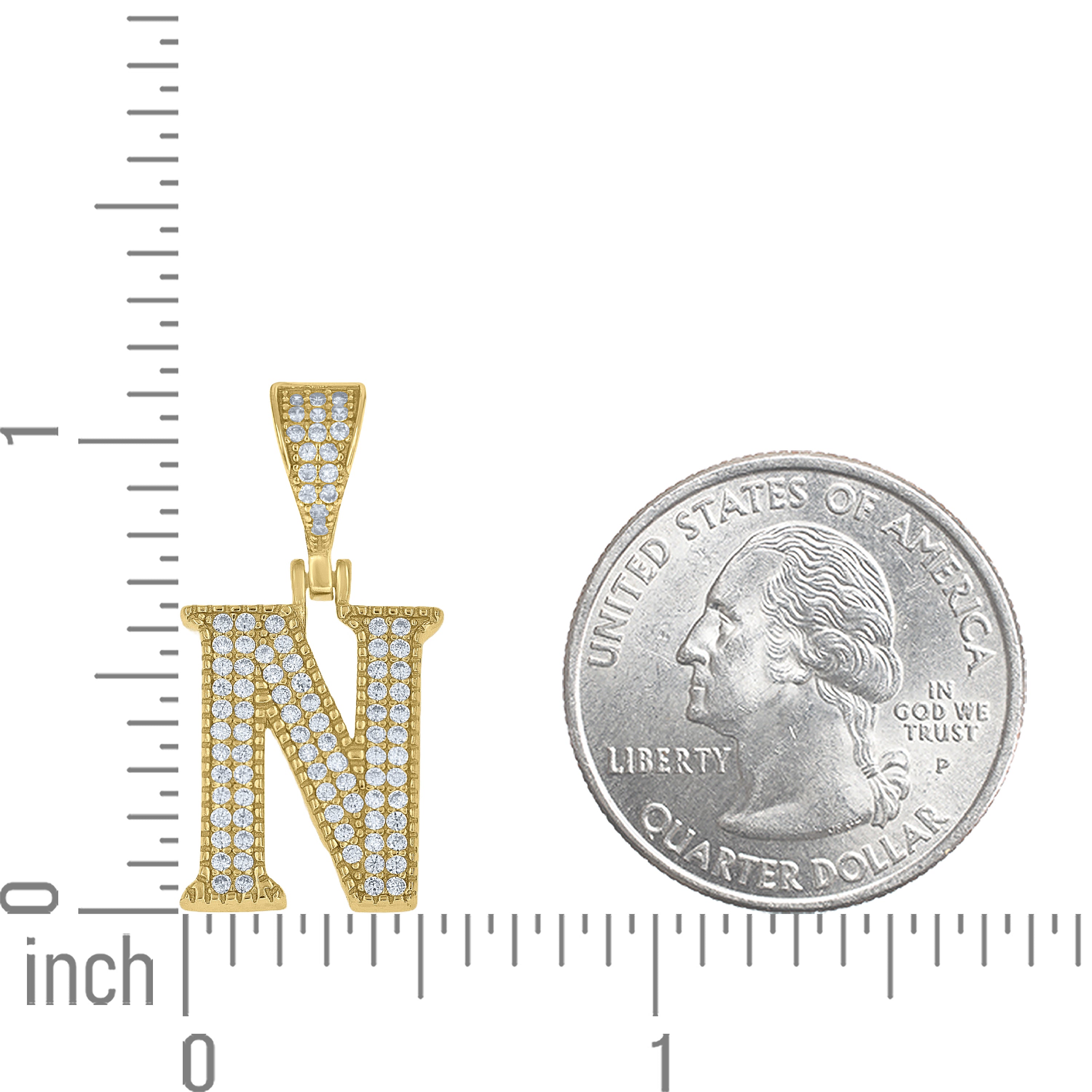 925 Sterling Silver Yellow-tone Unisex Cubic-Zirconia Initial Alphabet N Charm Pendant