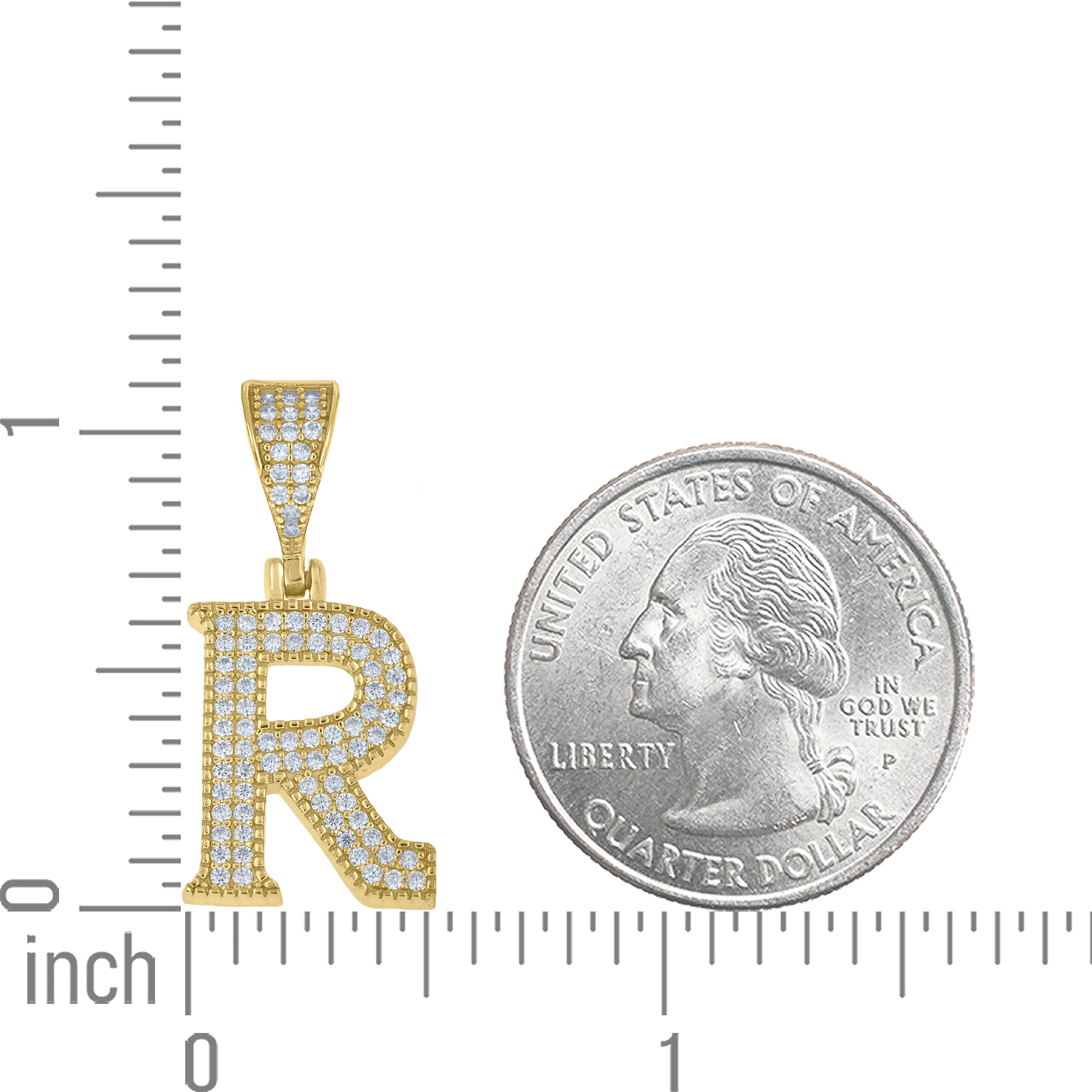 925 Sterling Silver Yellow-tone Unisex Cubic-Zirconia Initial Alphabet R Charm Pendant