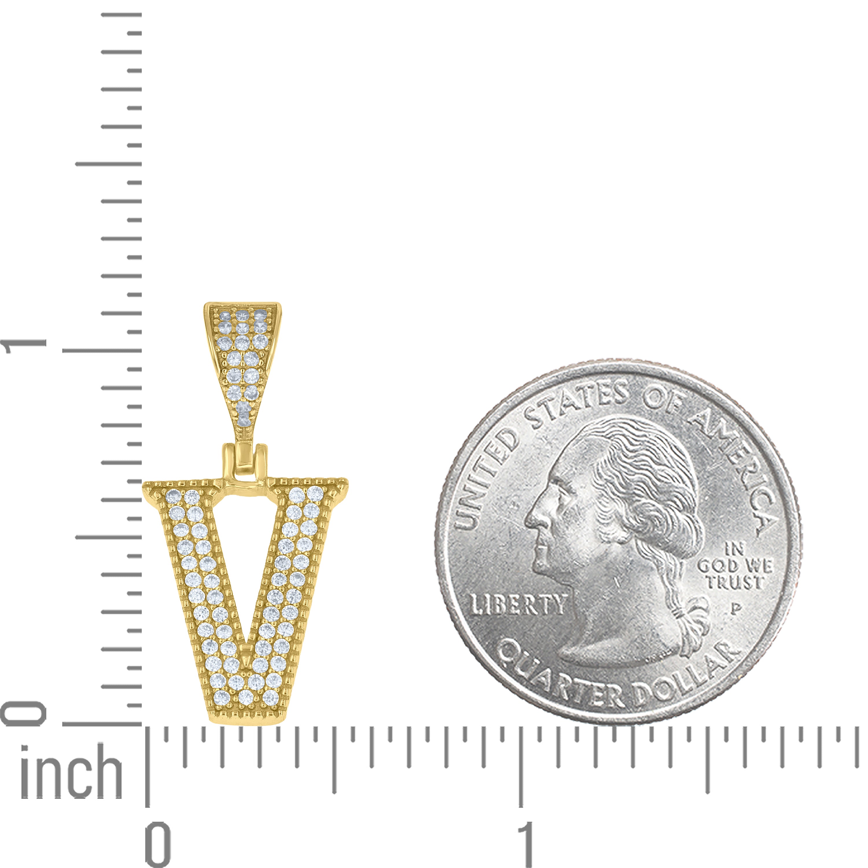 925 Sterling Silver Yellow-tone Unisex Cubic-Zirconia Initial Alphabet V Charm Pendant