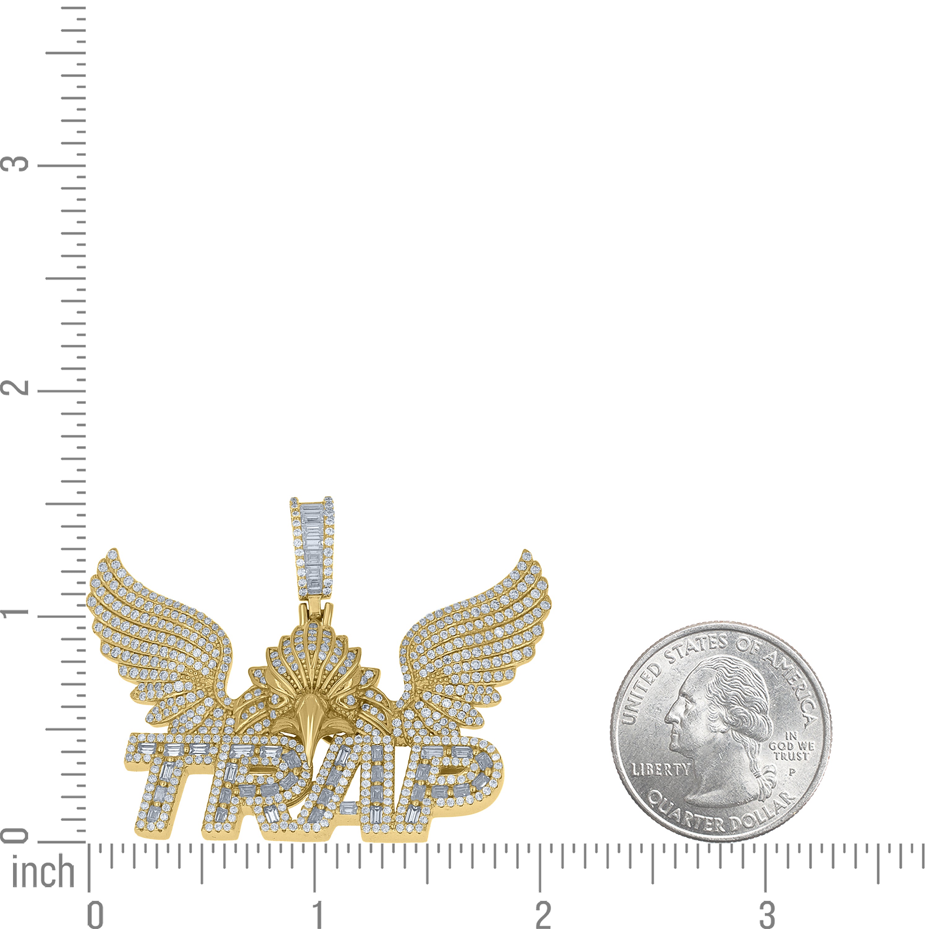 925 Sterling Silver Yellow-Tone Mens Baguette Round Cubic-Zirconia Eagle TRAP Talking Pendant