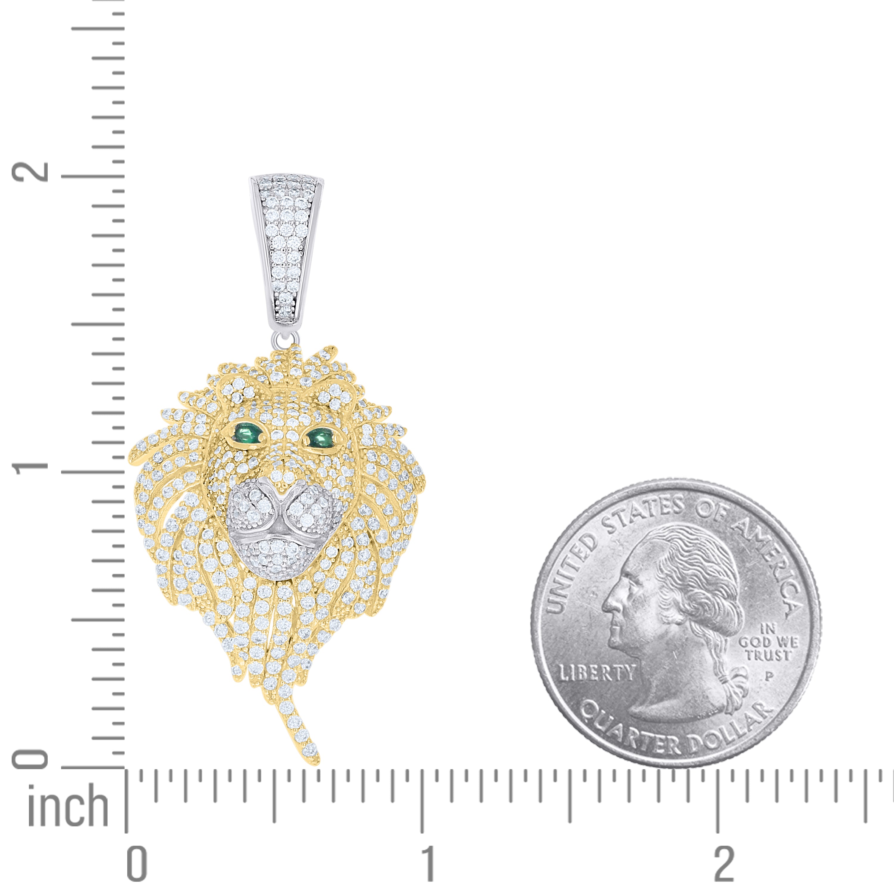 925 Sterling Silver Yellow-tone Mens White Green Cubic-Zirconia Lion Head Animal Wildlife Pendant