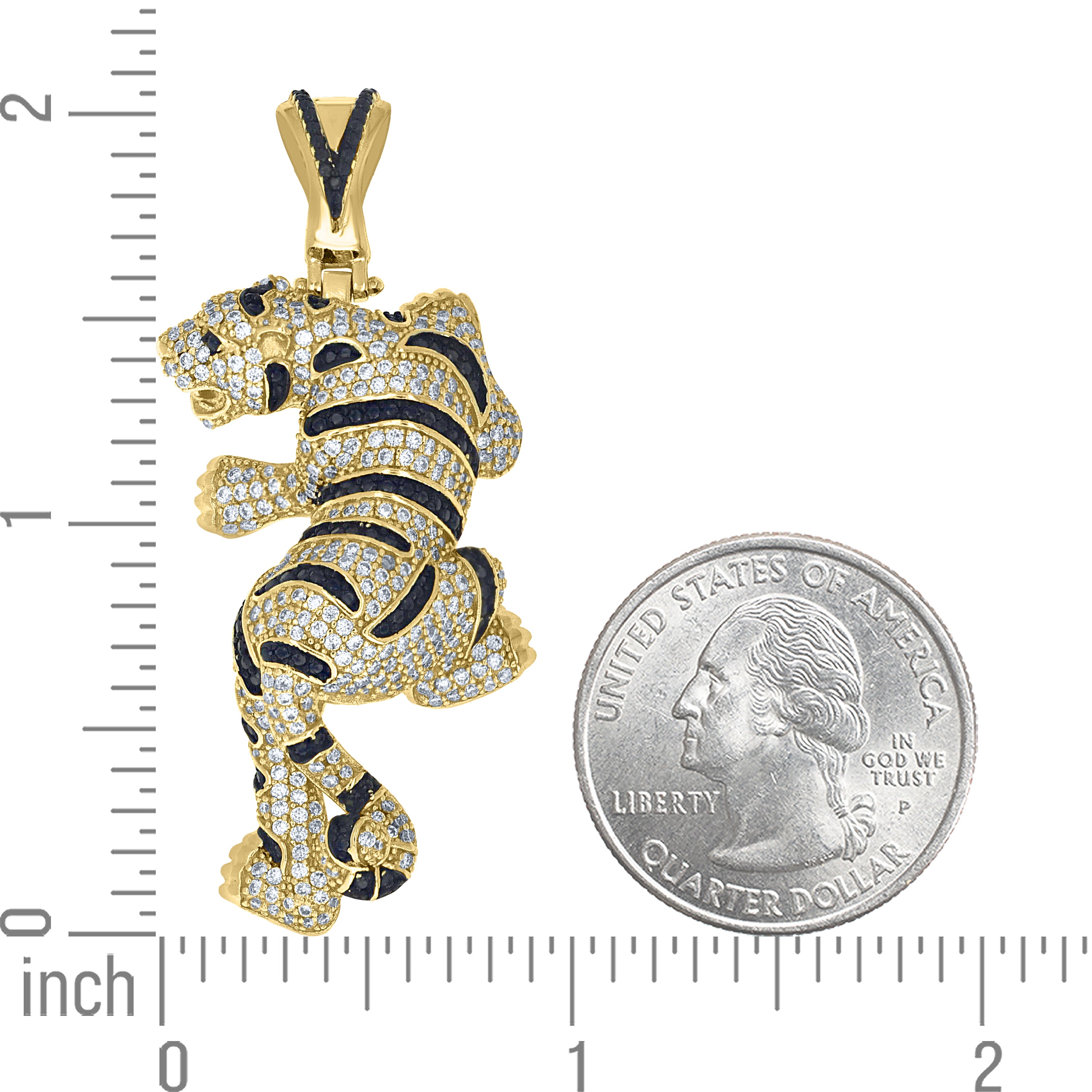 925 Sterling Silver Yellow-Tone Mens Black White Cubic-Zirconia Tiger Pendant