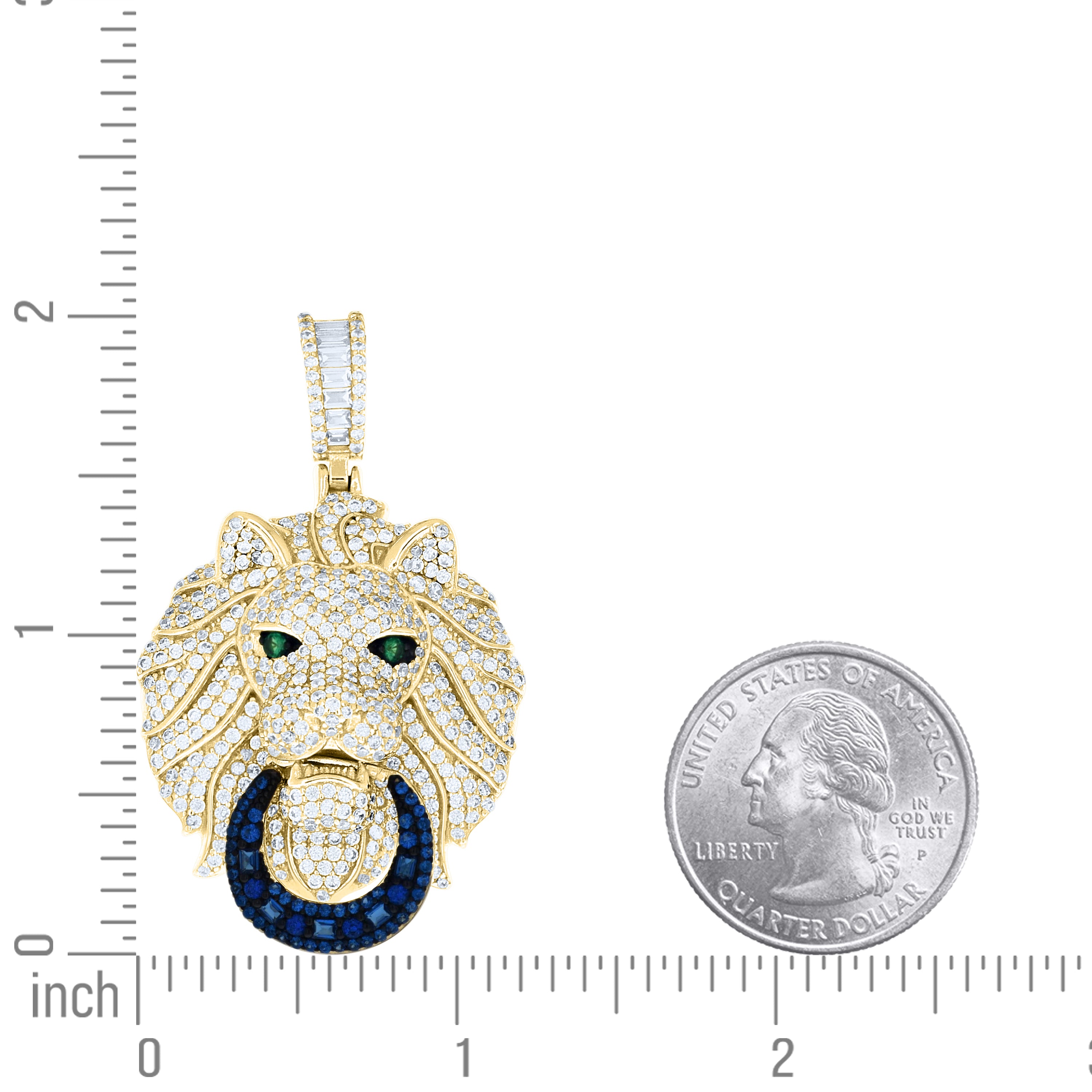 925 Sterling Silver Yellow-tone Mens White Blue/Green Cubic-Zirconia Lion Head Pendant