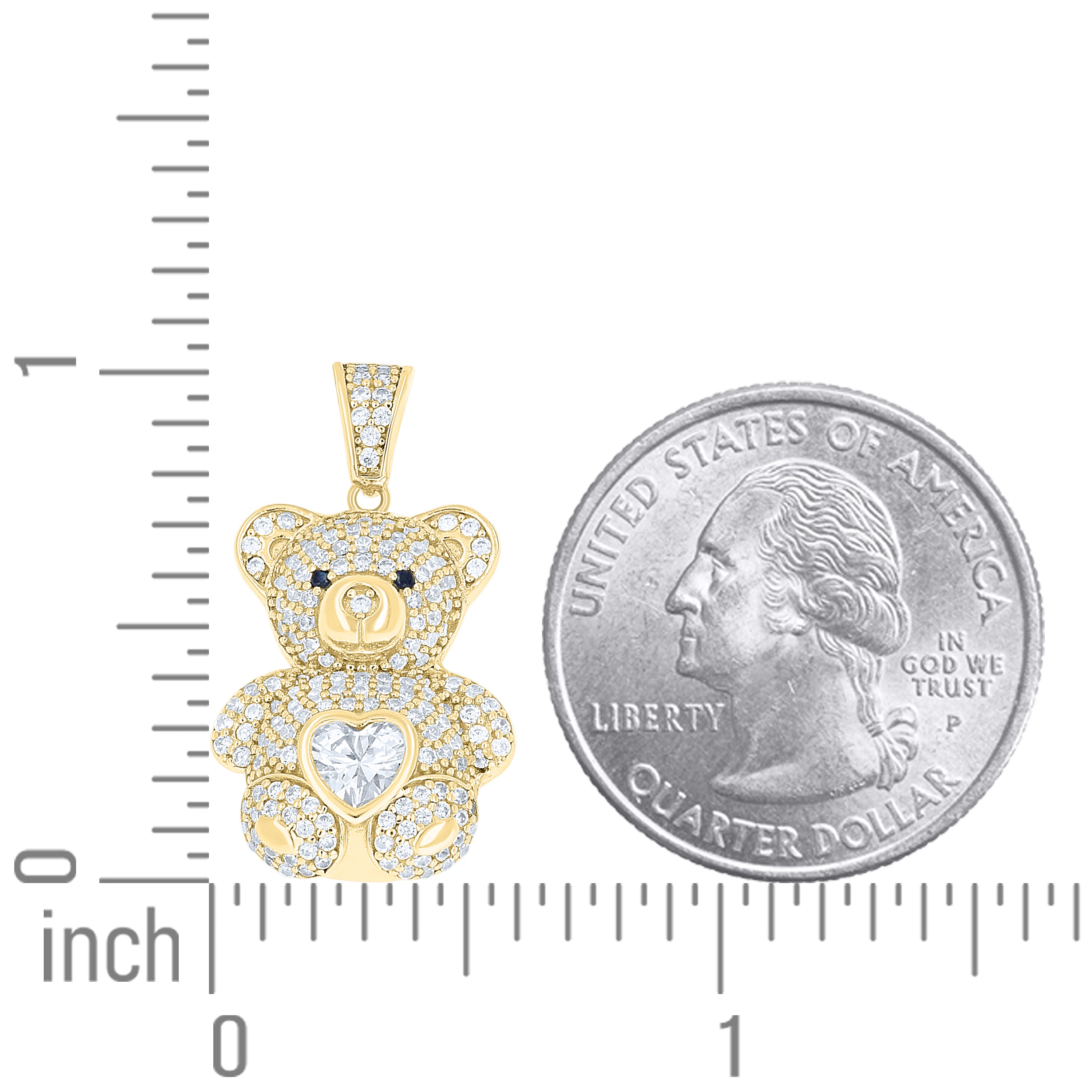 925 Sterling Silver Yellow-tone Womens Round Heart White Black Cubic-Zirconia Teddy Bear Pendant