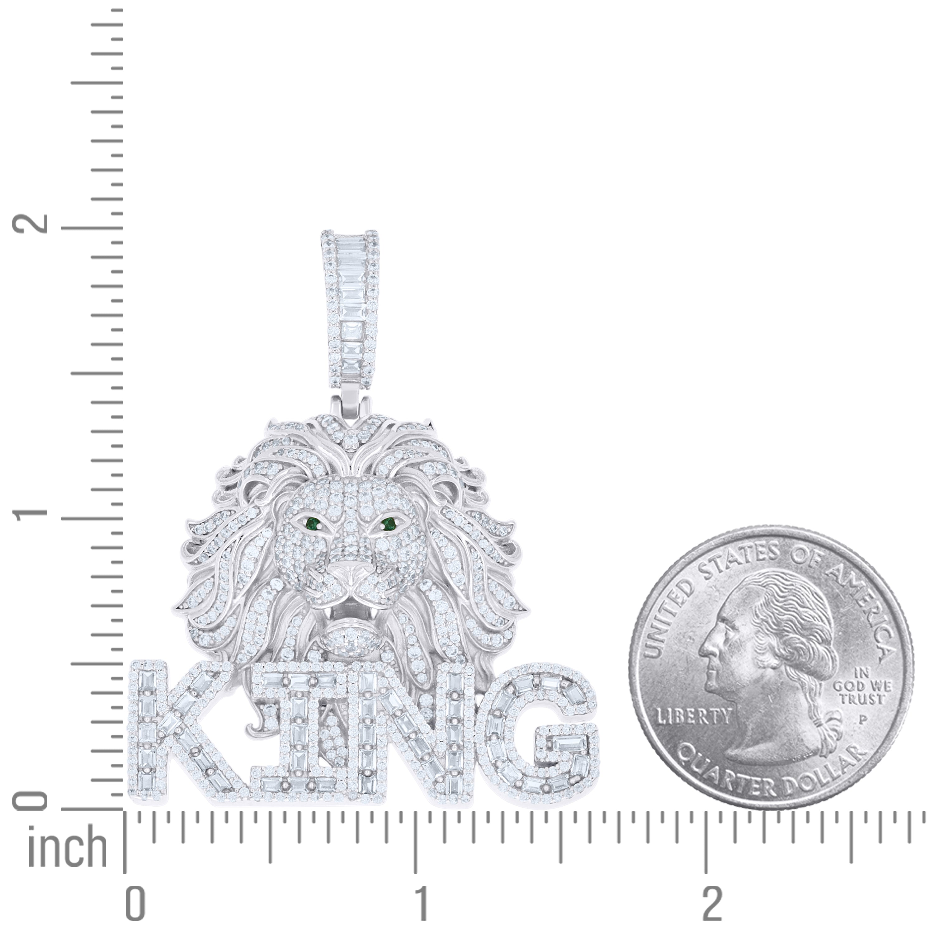 925 Sterling Silver Mens Round Baguette White Black Cubic-Zirconia KING Lion Head Animal Pendant