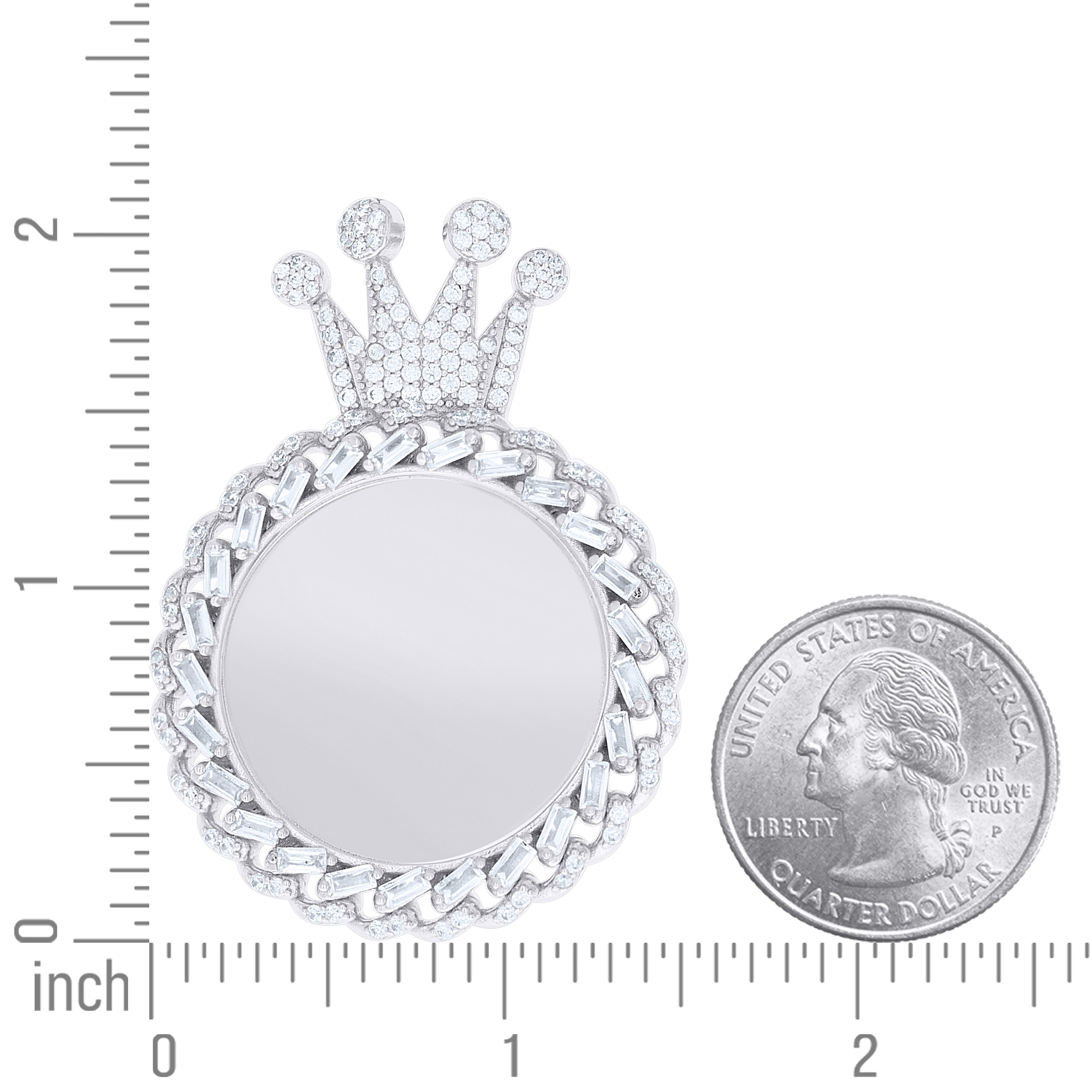 925 Sterling Silver Unisex Round Baguette Cubic-Zirconia Crown Picture Frame Pendant