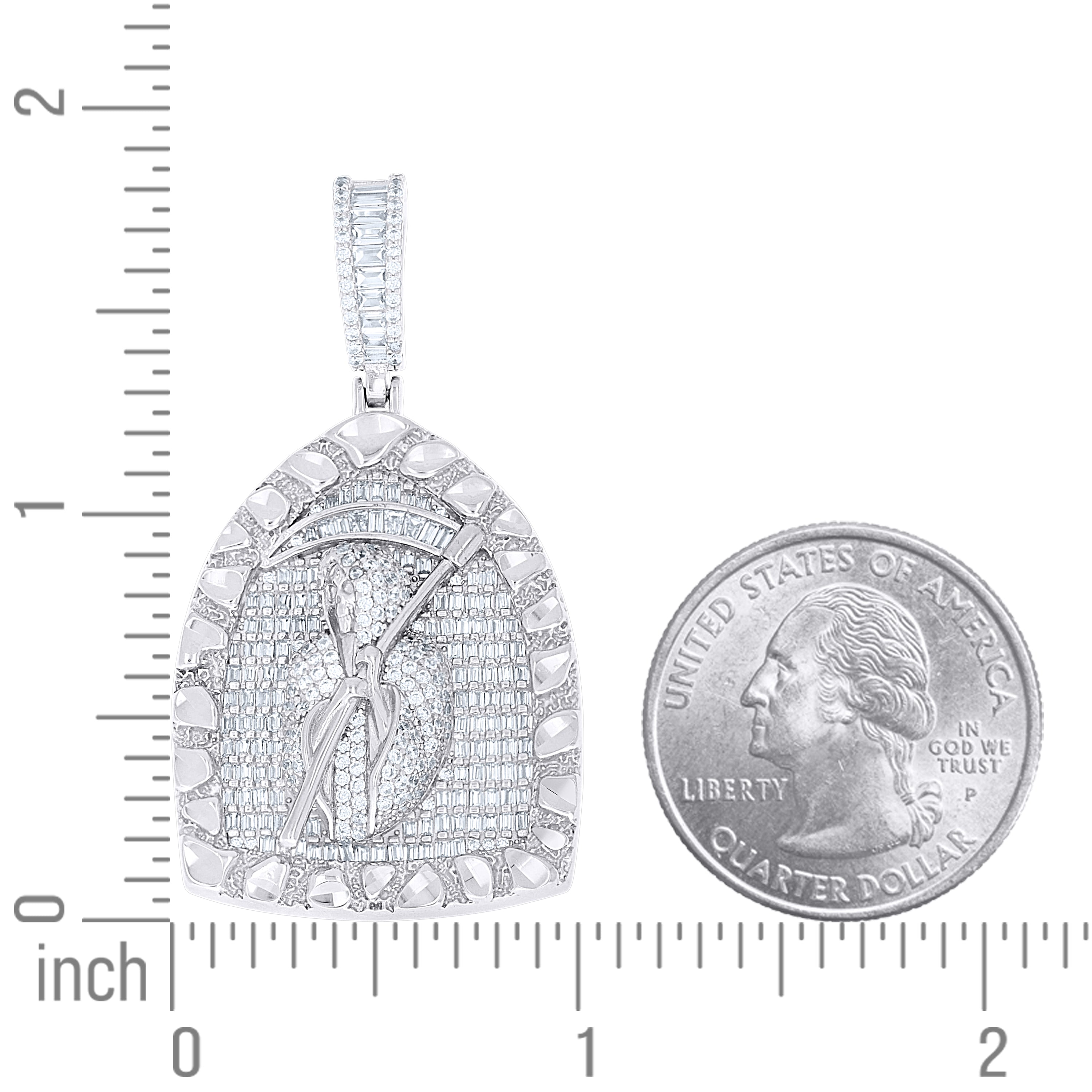 925 Sterling Silver Men Round Baguette Cubic-Zirconia Grim Reaper Death Angel Religious Charm Pendant