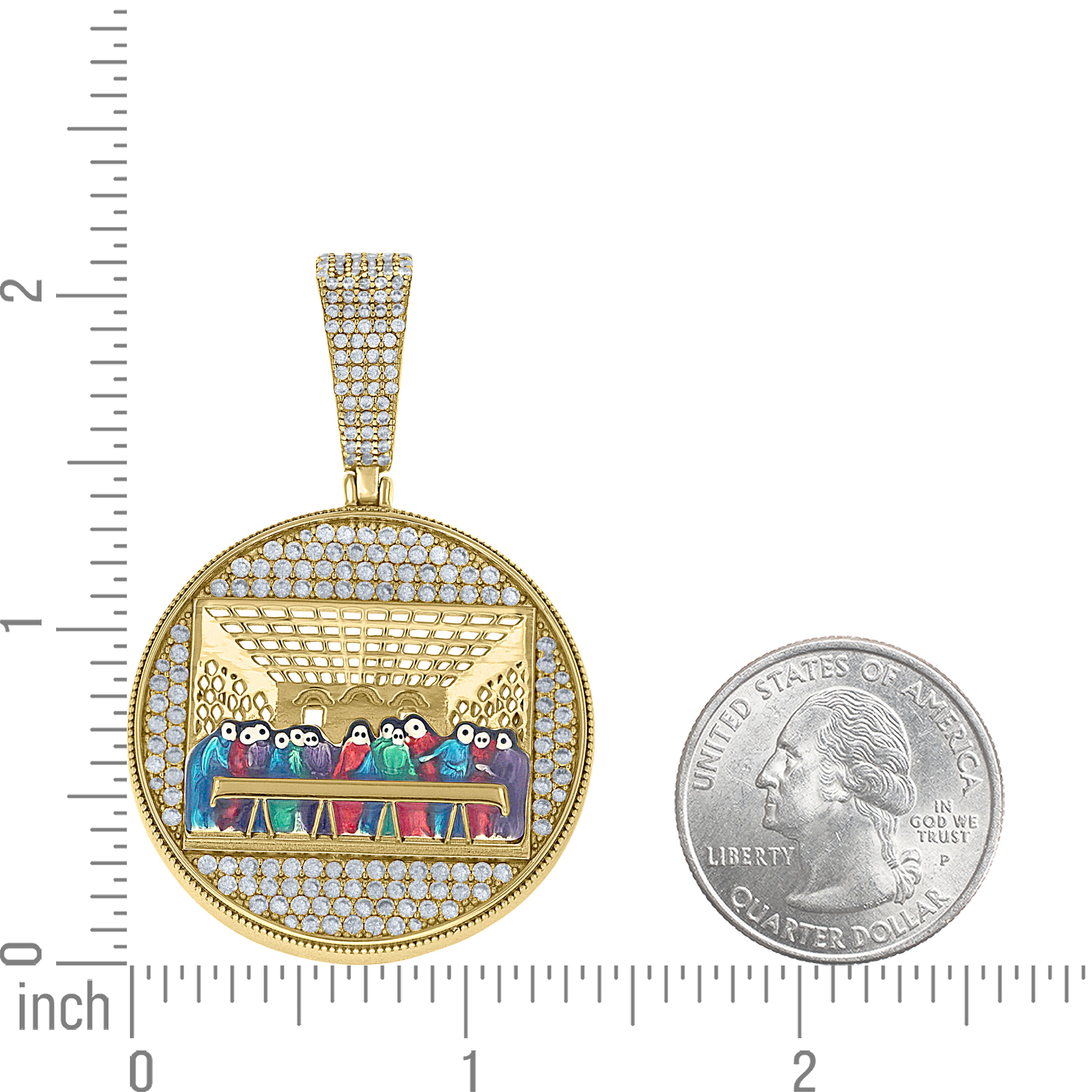 925 Sterling Silver Yellow-Tone Mens Cubic-Zirconia Enameled Last Supper Religious Pendant