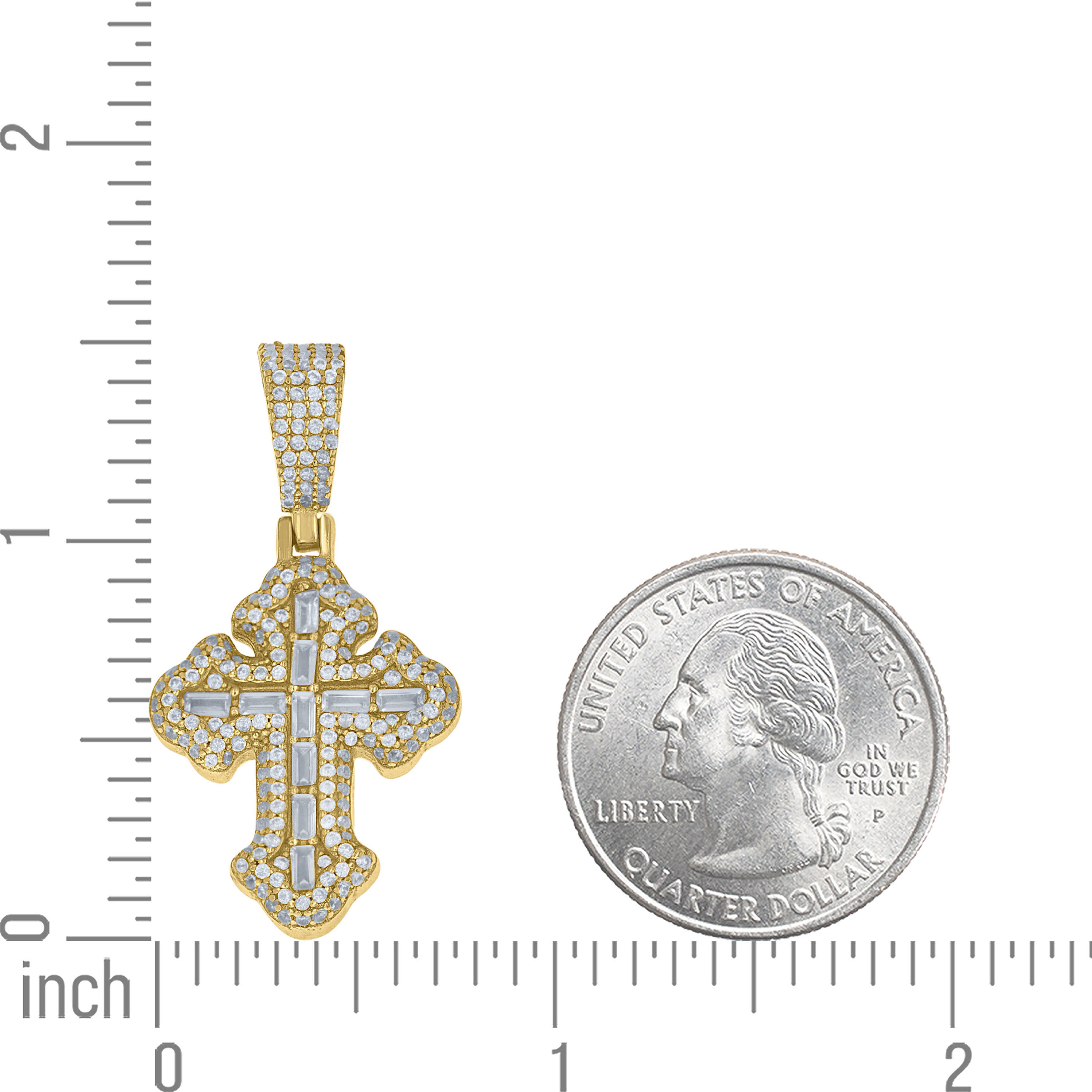 925 Sterling Silver Yellow-Tone Unisex Baguette Round Cubic-Zirconia Budded Cross Religious Pendant