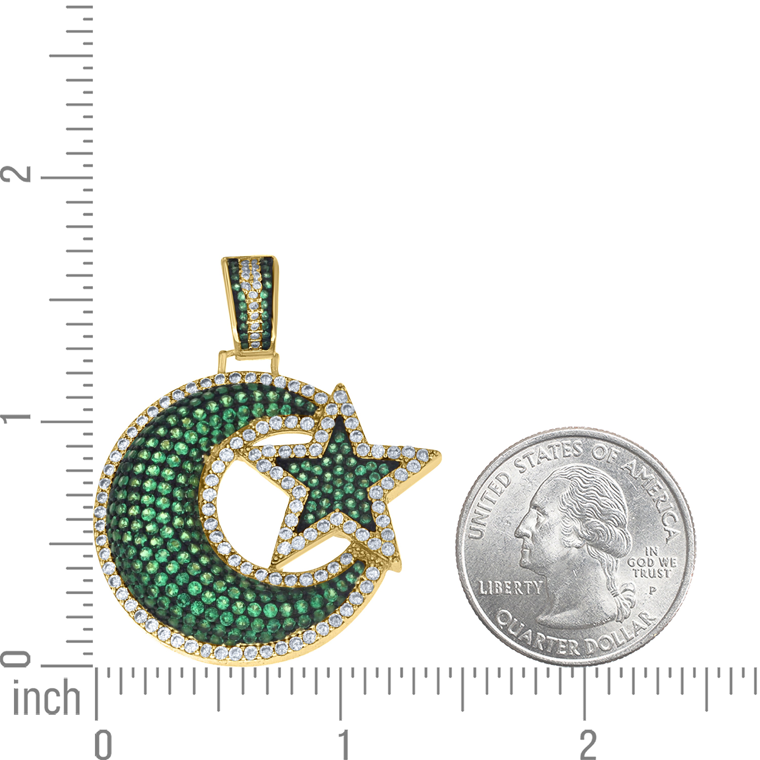 925 Sterling Silver Yellow-Tone Unisex Green White Cubic-Zirconia Crescent Moon And Star Pendant