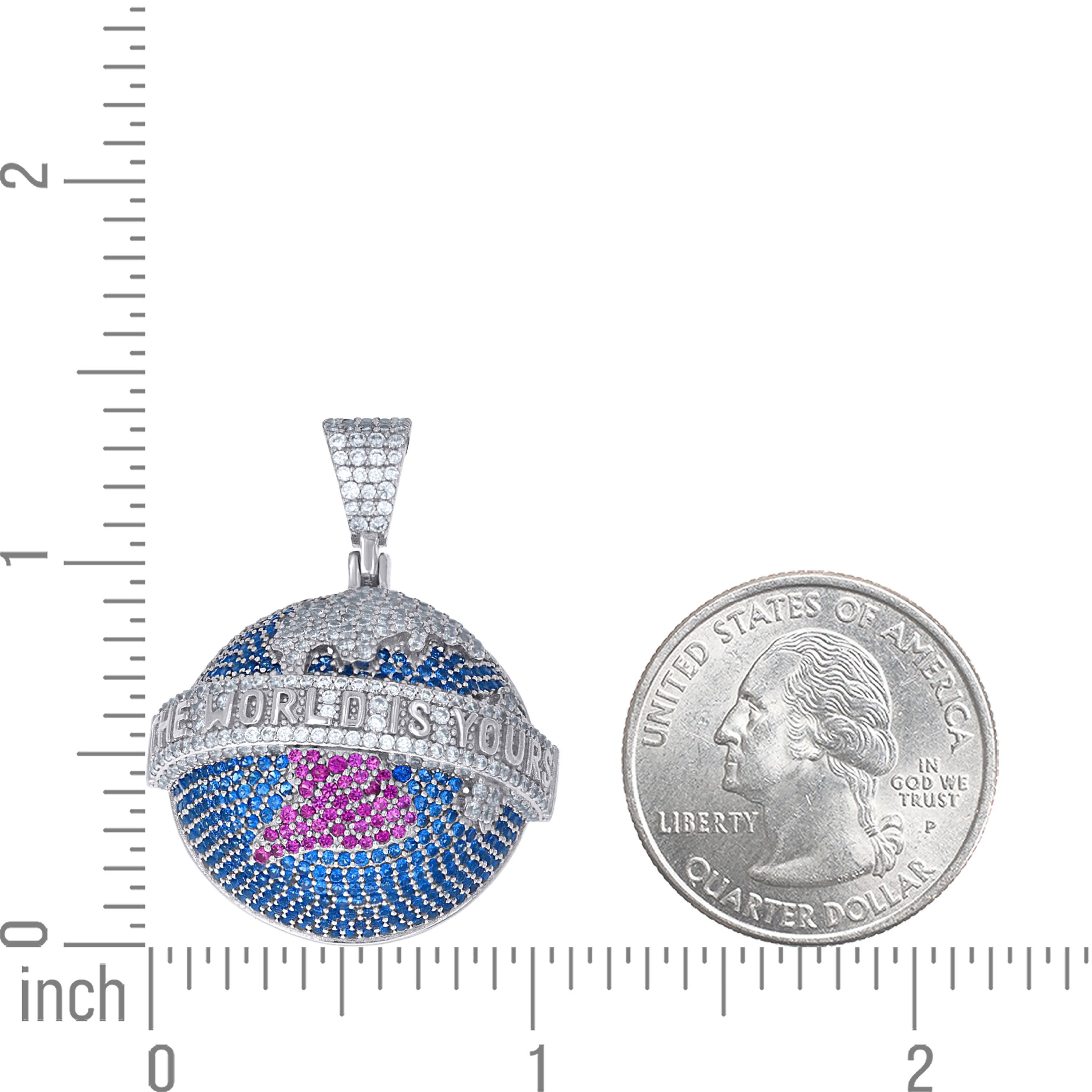 925 Sterling Silver Mens Pink Blue White Cubic-Zirconia The World Is Yours World Map Globe Pendant