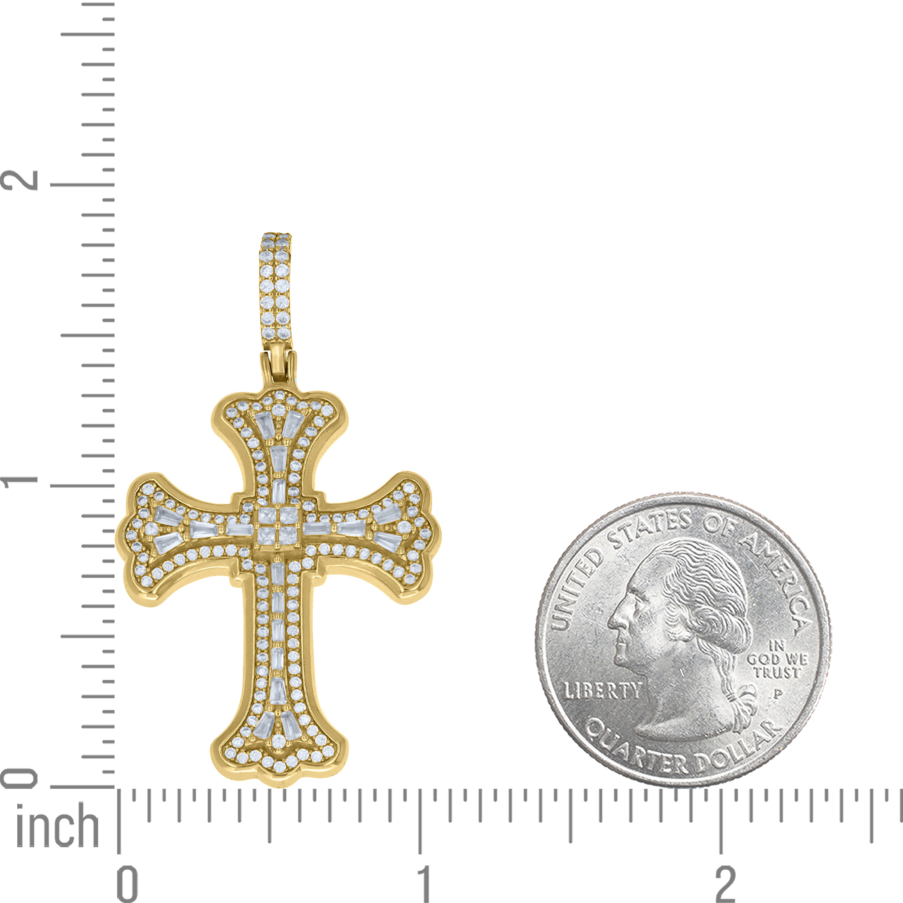 925 Sterling Silver Yellow-Tone Unisex Baguette Princess-Cut Round Cubic-Zirconia Cross Pendant