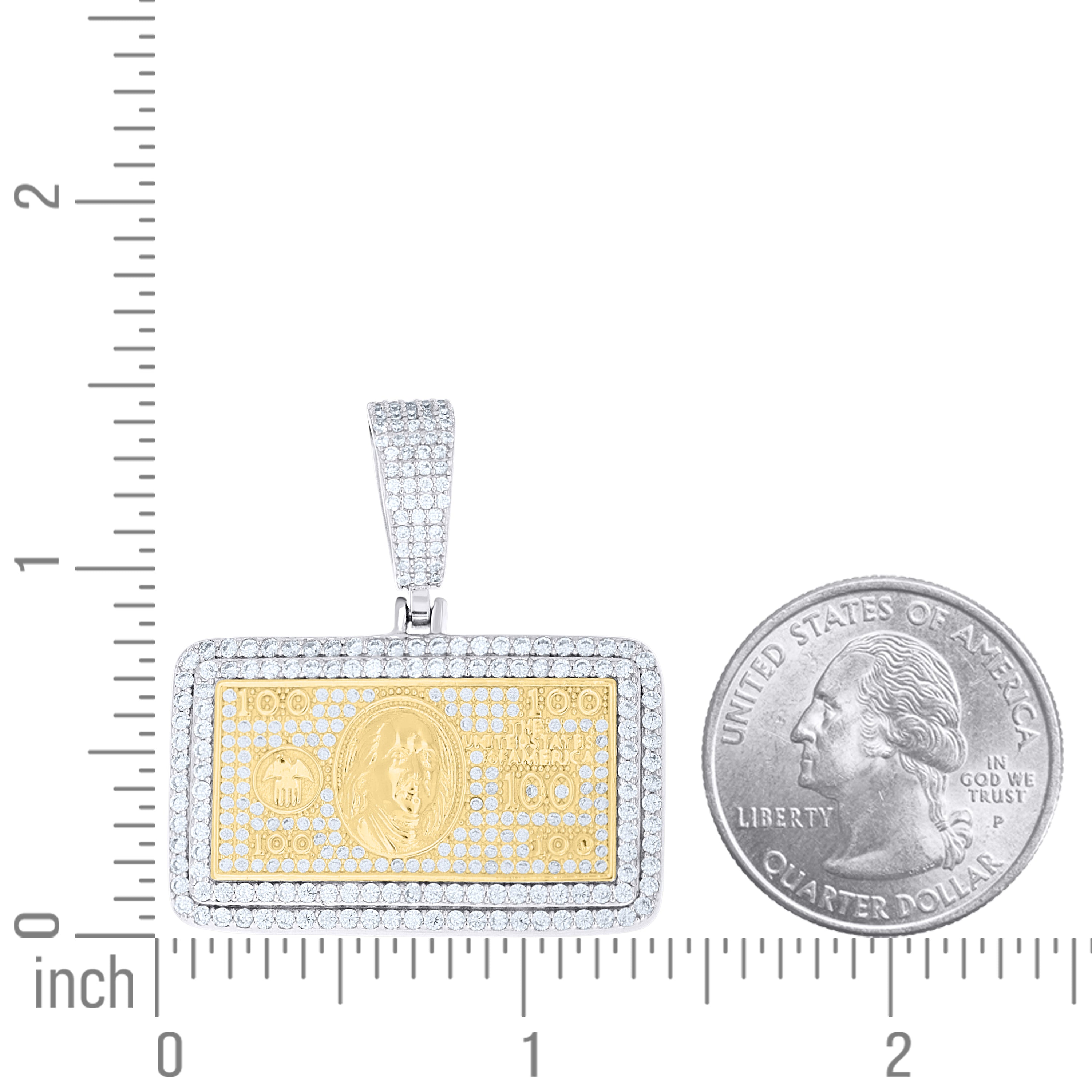925 Sterling Silver Yellow-tone Mens Cubic-Zirconia 100 Dollar Bill Currency Pendant