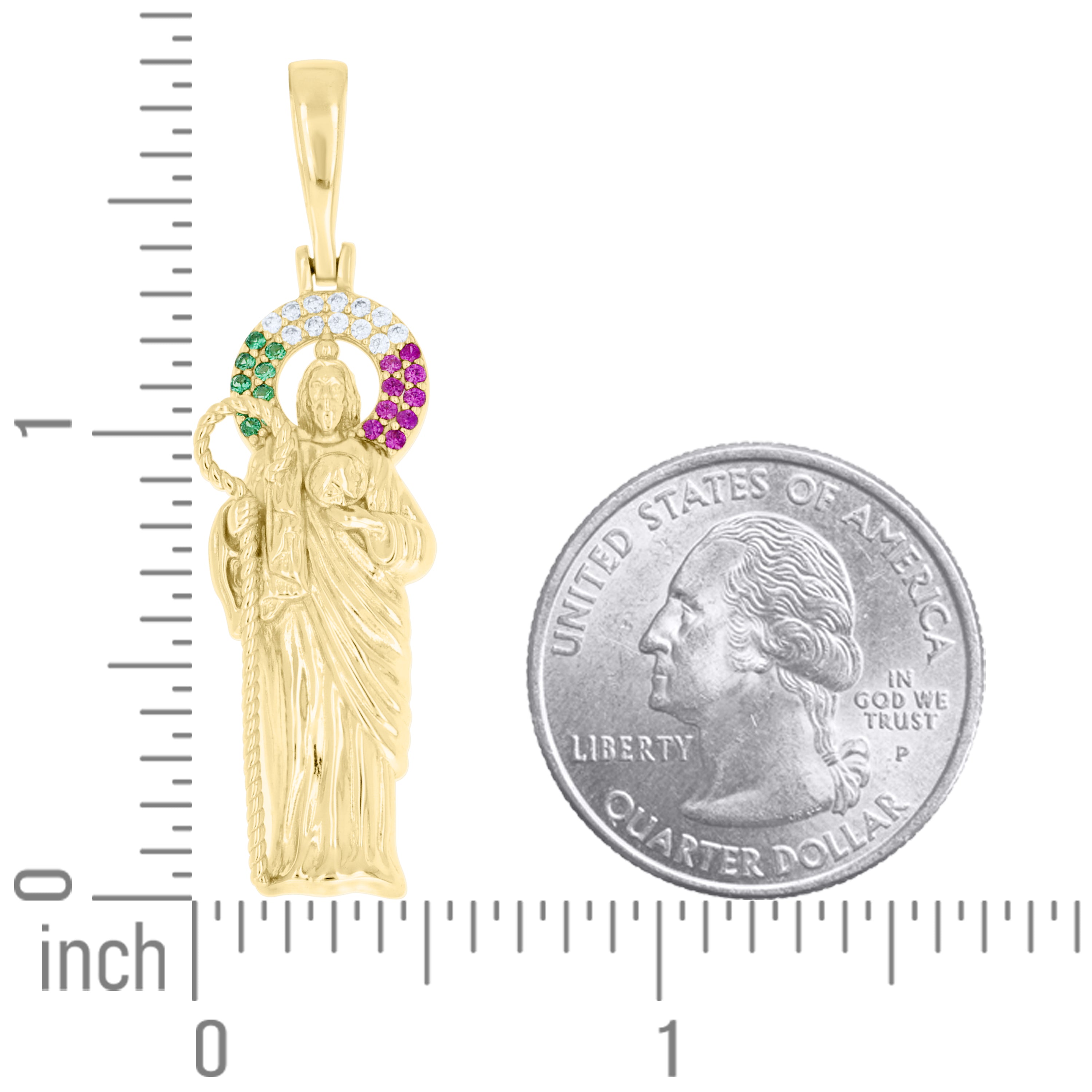 925 Sterling Silver Yellow-Tone Unisex Green Pink White Cubic-Zirconia St. Jude Religious Pendant