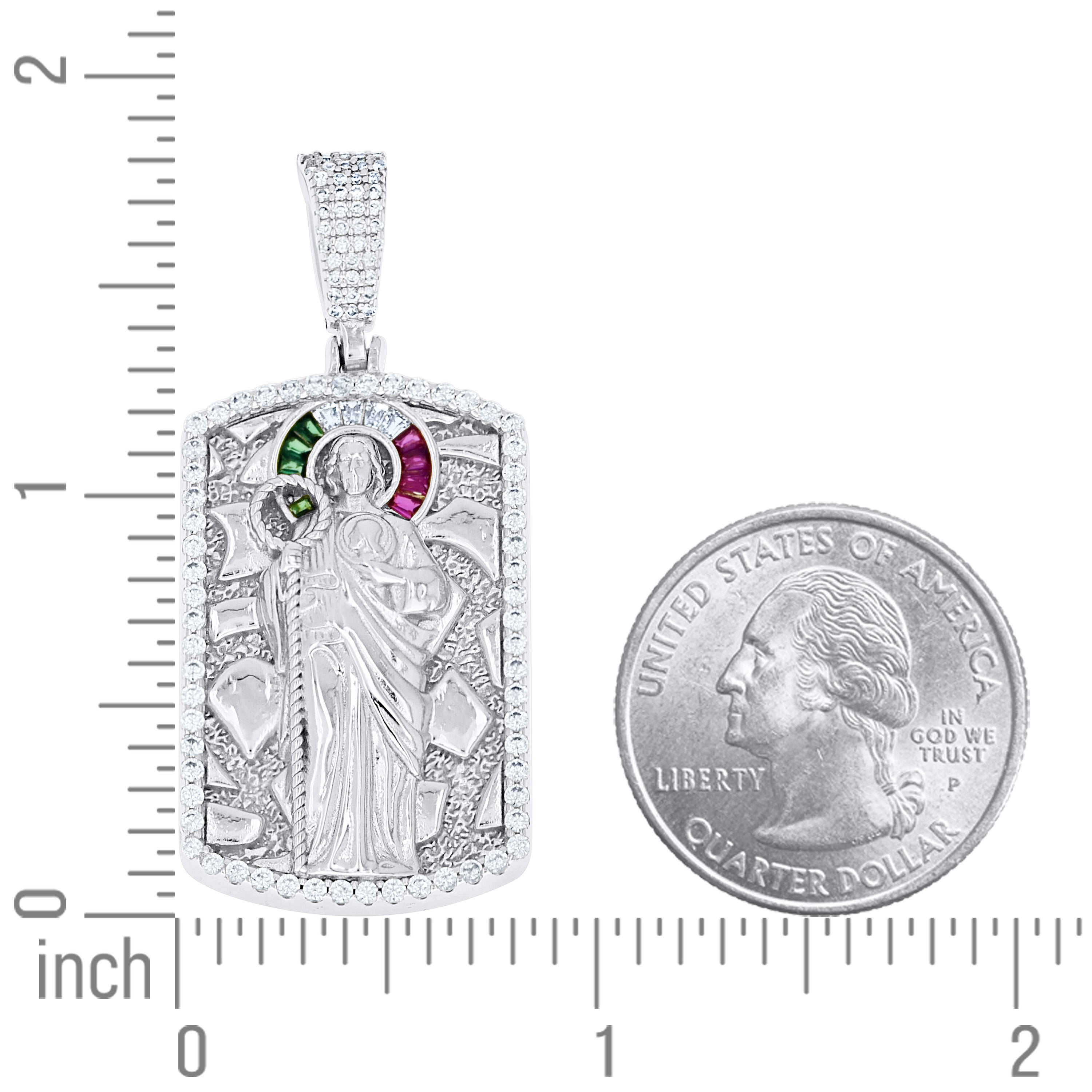 925 Sterling Silver Men White Green/Purple Round Baguette Cubic-Zirconia Nugget Dog Tag St. Jude Religious Charm Pendant