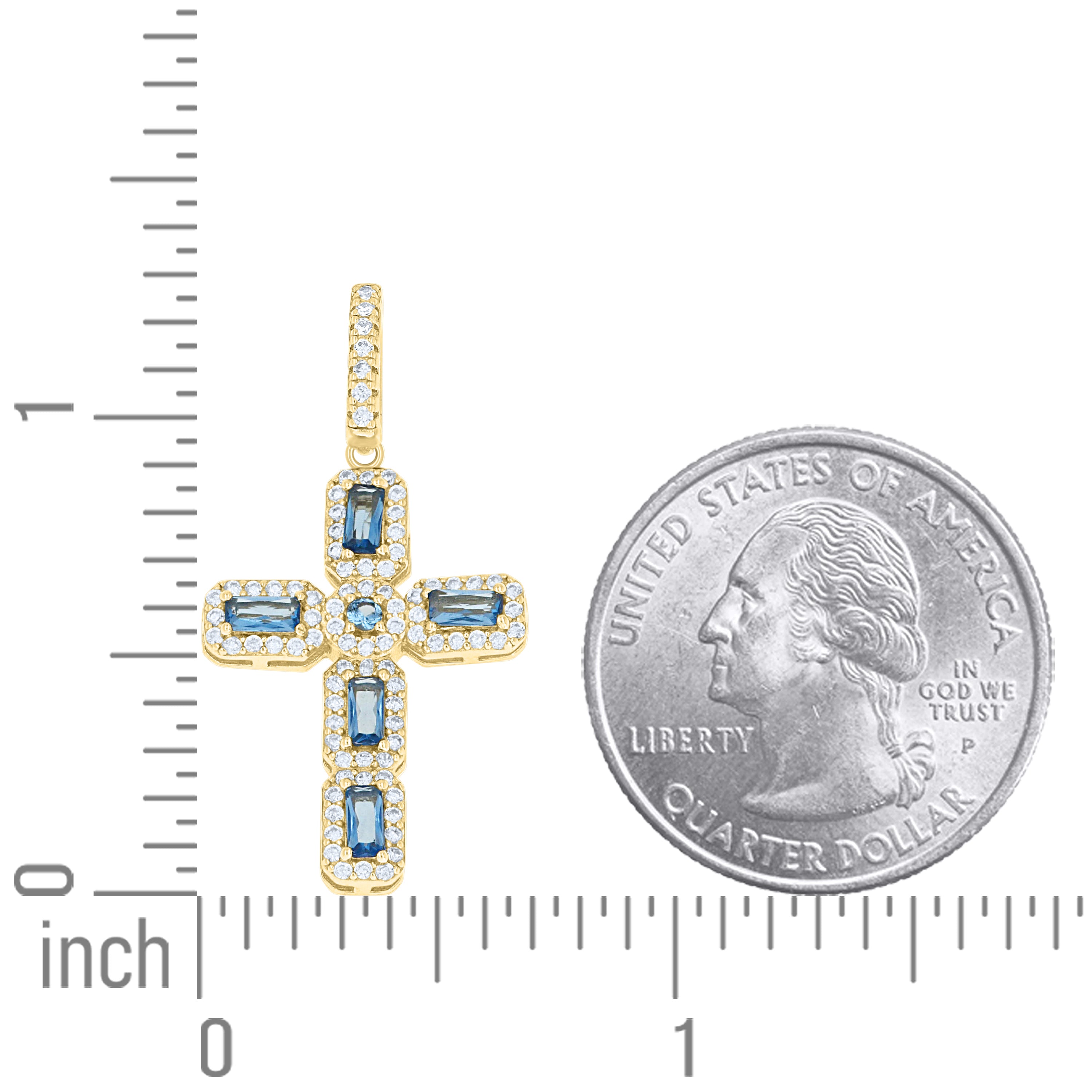 925 Sterling Silver Yellow-tone Unisex White Blue Round Emerald-cut Cubic-Zirconia Cross Religious Charm Pendant