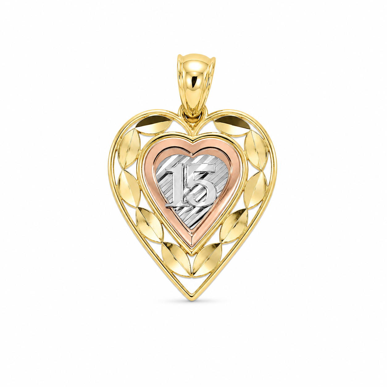 14KT Tri-Tone Gold 15 Heart Pendant [A1B6]