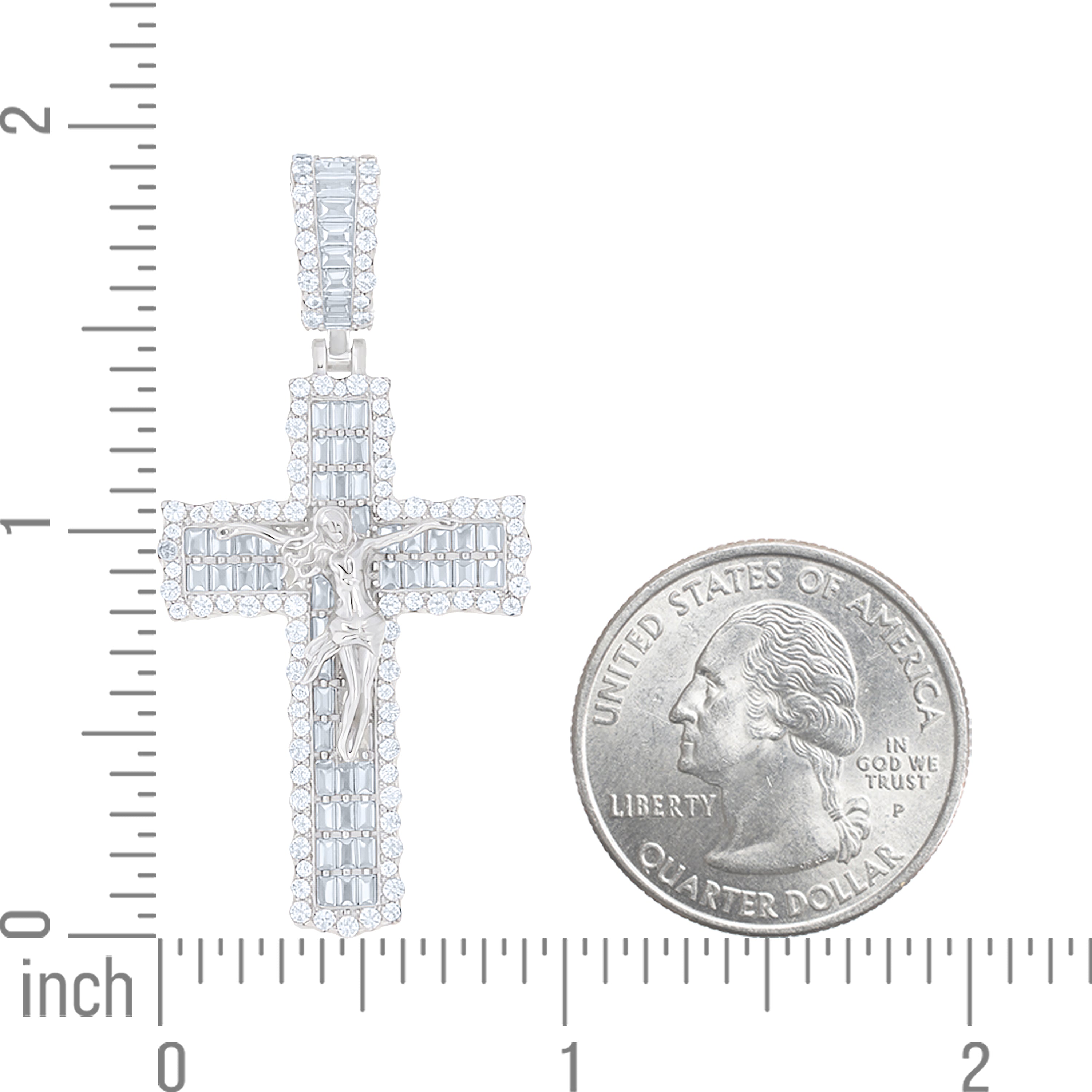 925 Sterling Silver Unisex Round Baguette Cubic-Zirconia Crucifix Cross Religious Charm Pendant